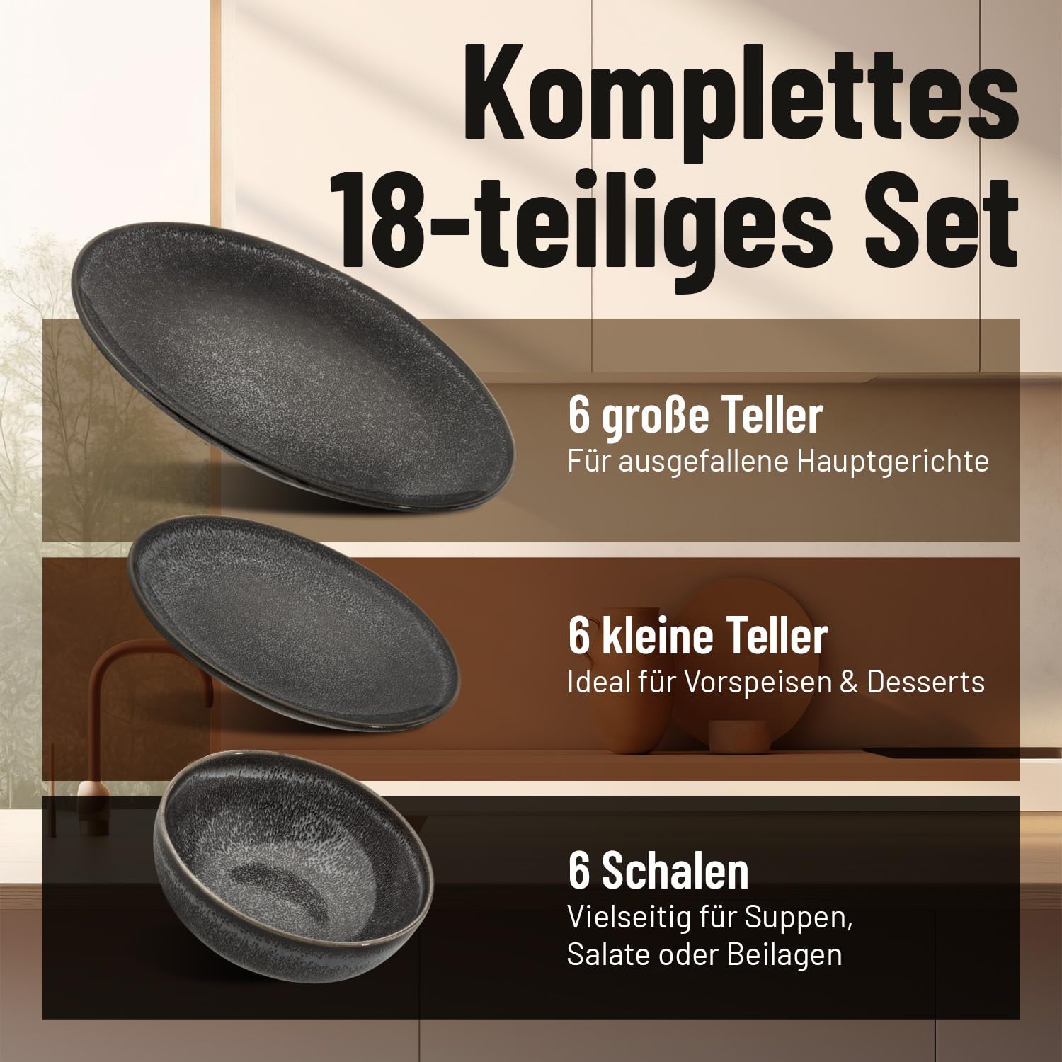 Glavory Eclipse *NEU* – Steingut Geschirr Set 6 Personen – 18-teilig – Service & Geschirrsets in Schwarz – Tafelservice mit Geschenkverpackung