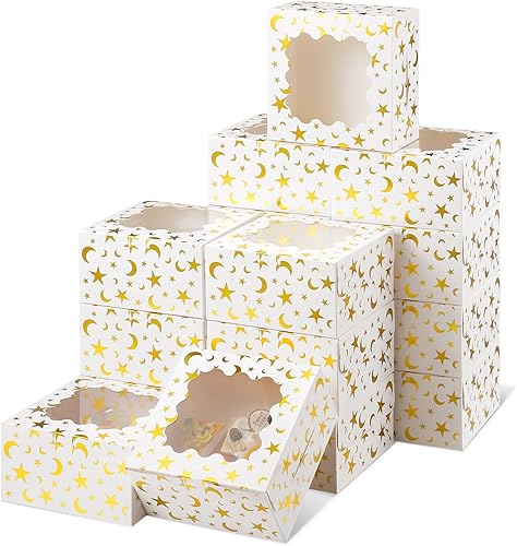 Miniatura 1 de Qilery 36 cajas de panadería blancas de papel de aluminio dorado de 6 x 6 x 3 pulgadas con ventana, cajas de papel para galletas con ventana, cajas