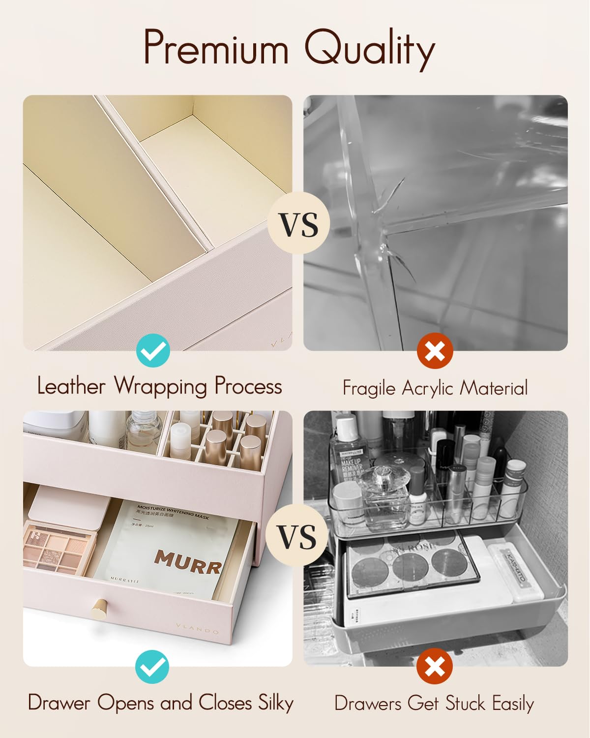 Vlando Organizer per trucchi con cassetti, organizer per cosmetici in pelle PU, organizer per profumi, grande espositore per rossetti, pennelli, regalo per donne, albicocca bianca