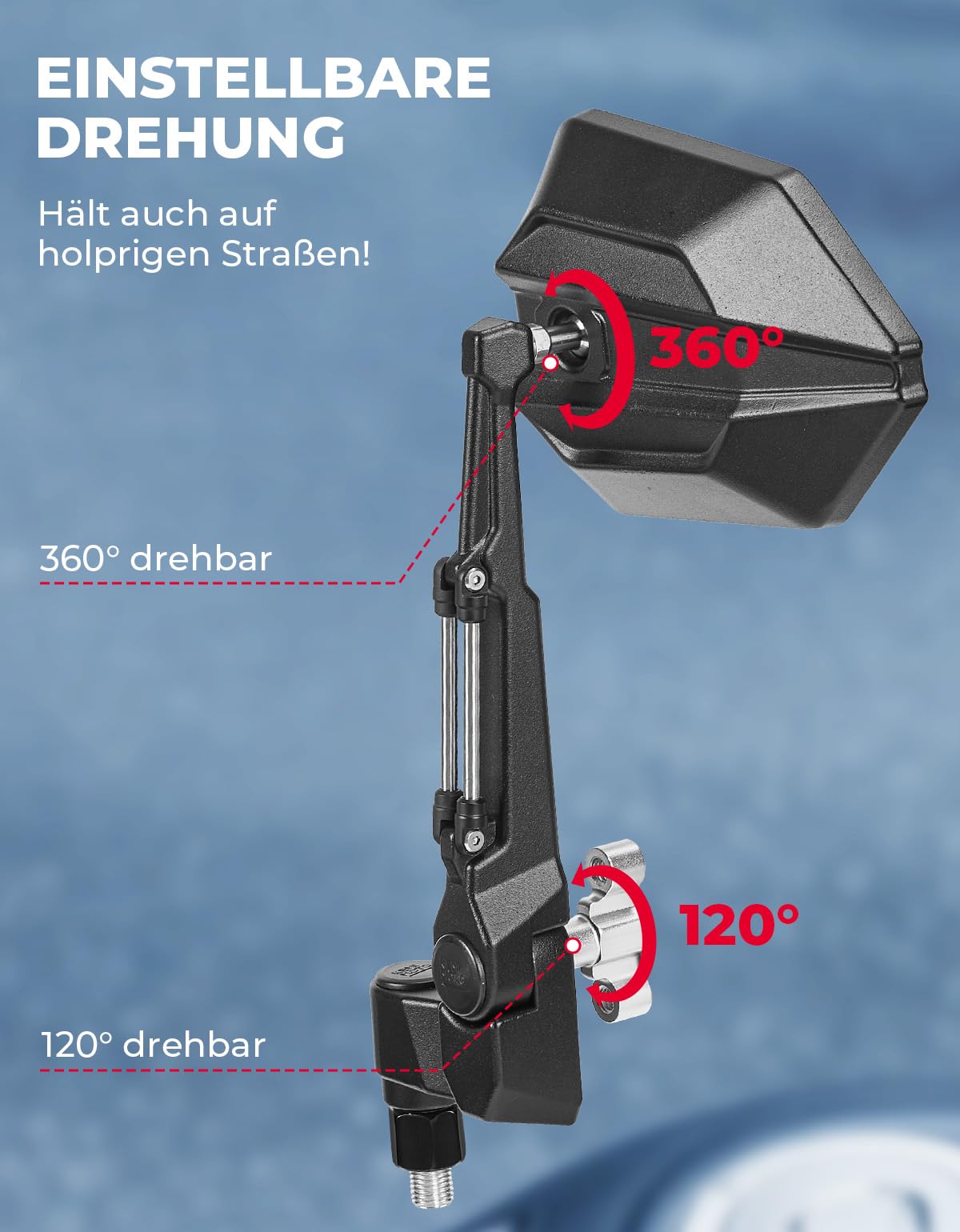 KEMIMOTO Motorrad Spiegel, 2 Stück Verstellbar Motorradspiegel E57 Geprüft, 360°drehbarer Motorrad Rückspiegel, Universal Seitenspiegel Kompatibel Mit Street Bike Scooter Moped Fahrrad