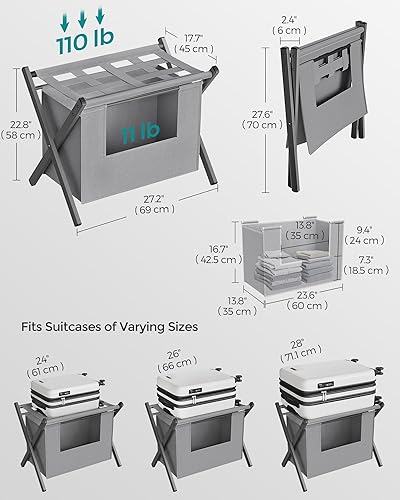 Miniatura 10 de SONGMICS Paquete de 2 portaequipajes con 2 bolsas de lavandería extraíbles, juego de 2 soportes para maleta para habitación de invitados, plegables