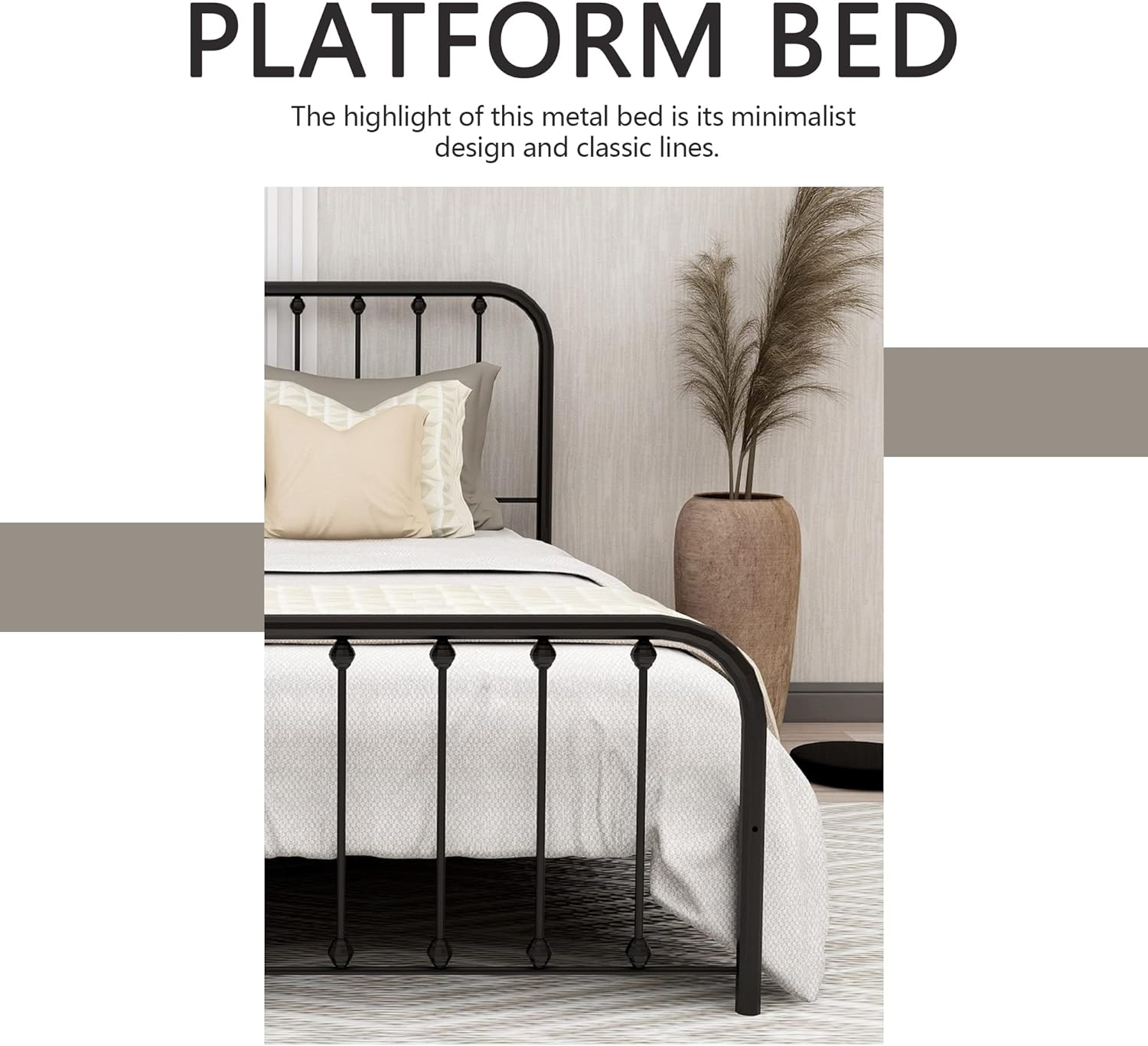 RYR Metal Platform Queen Size Bed Frame with Headboard Footboard,Sturdy Steel Slat Support No Box Spring Required Easy Assembly Black