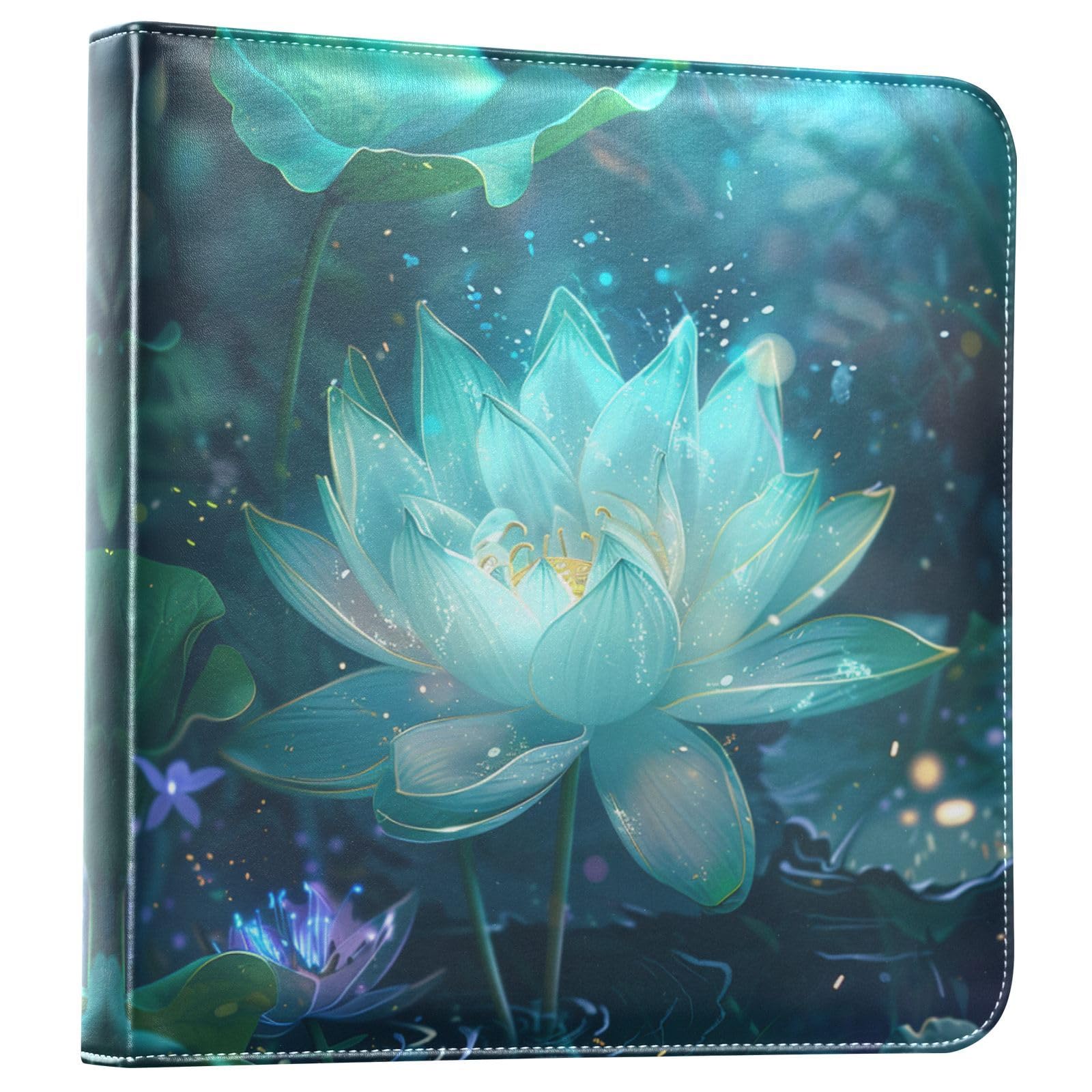 JIPONI Glowing Turquoise Lotus Flower Large Photo Album, DIY Leather Cover Scrapbook Albums for 4x6 5x7 6x8 Pictures, Self Adhesive Memory Book for Wedding, Baby, Family