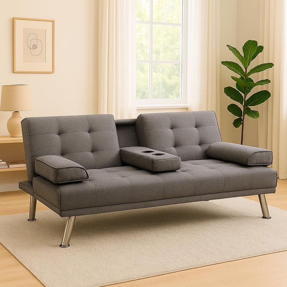BAKAJI Divano Letto Convertibile 2 in 1 con Bracciolo Portabibite, Imbottitura Ergonomica ad Alta Densità, Divanetto con Apertura Clic Clac con Gambe Cromate, Ideale per Soggiorno (Tessuto Grigio)