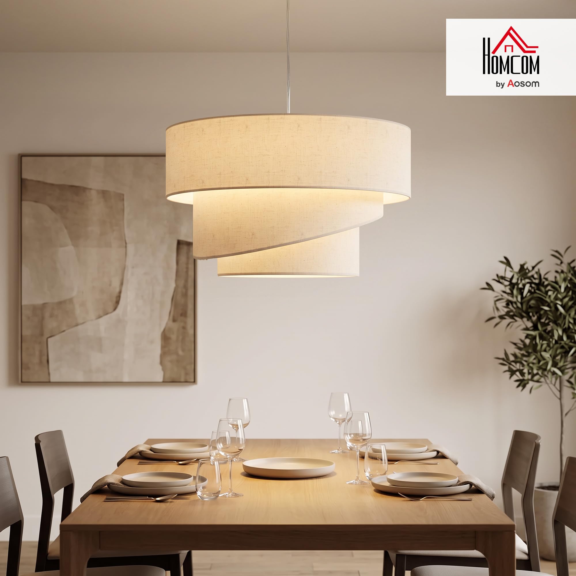 HOMCOM Suspension Luminaire à 3 Abat-Jour Effet Lin, Rosace Dorée