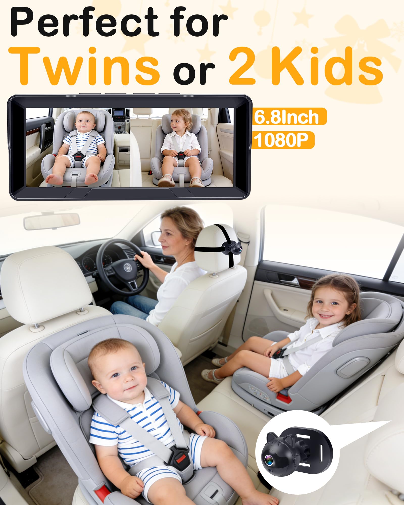 Thybro 1080P Dual Baby Car Camera: 6.8" Night Vision Monitor 2-Kids from Head to Toe at Once - USB Plug & Play Tool-Free Easy Setup for Two-Child Families on Daily Driving - 3