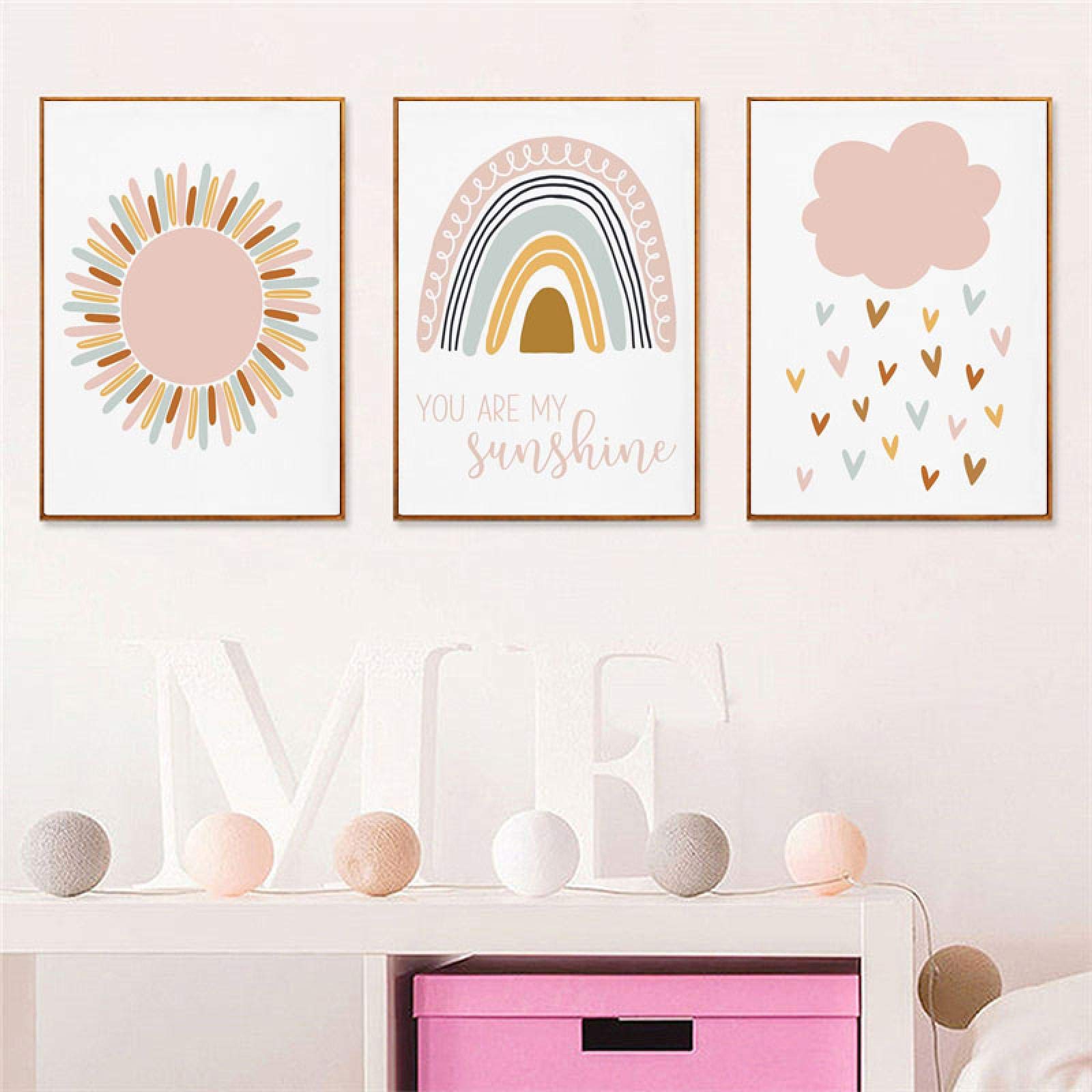 Impresión en lienzo para niños, póster con nubes de sol rosa, arte de pared, cuadro de arcoíris para guardería, pintura para habitación de bebé, decoración de dormitorio infantil, 70x100cmx3 sin marco