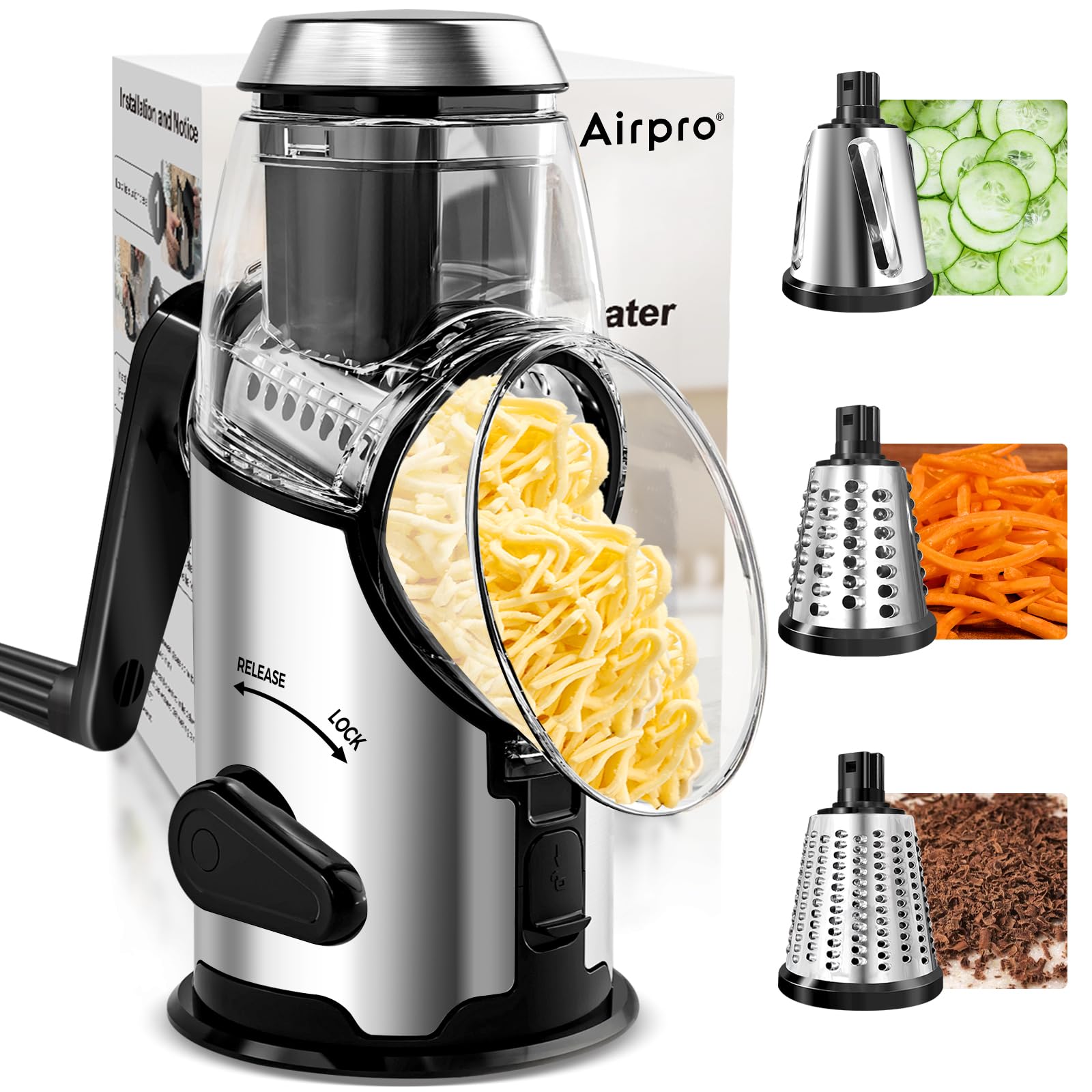 Airpro Rotary Cheese Grater with Handle - Vegetable Shredder with 3 Stainless Steel Blades & Strong Suction Base,Round Mandoline Slicer & Food Chopper for Kitchen