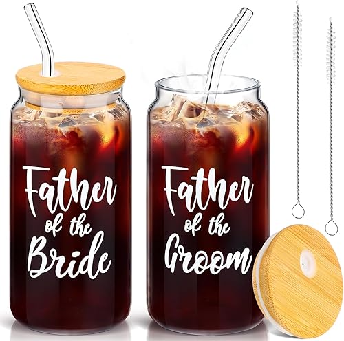 2 juegos de tazas de vidrio para madre del novio con tapas y pajitas, tazas de café helado de 16 onzas, regalos de boda para novia y novio (padre)