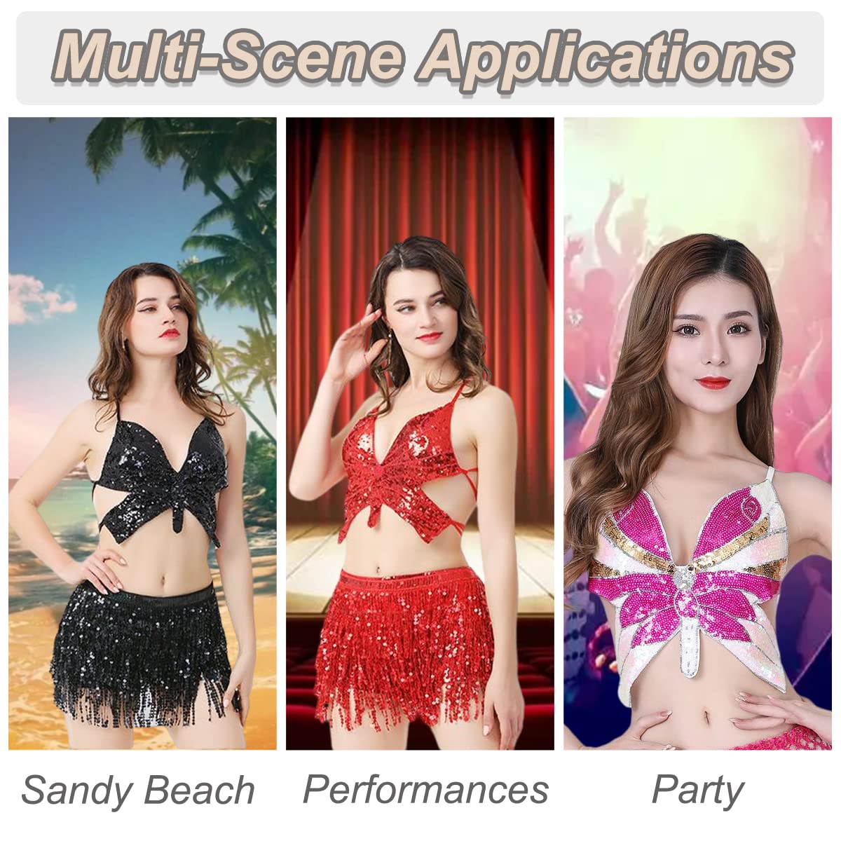 SamHeng Haut de crop top pour femmes, Butterfly Sequin Halter Top Bandage Top, Costume de gilet sans manche à tube arrière à lanière pour la danse du ventre, la danse latine, le club de fête