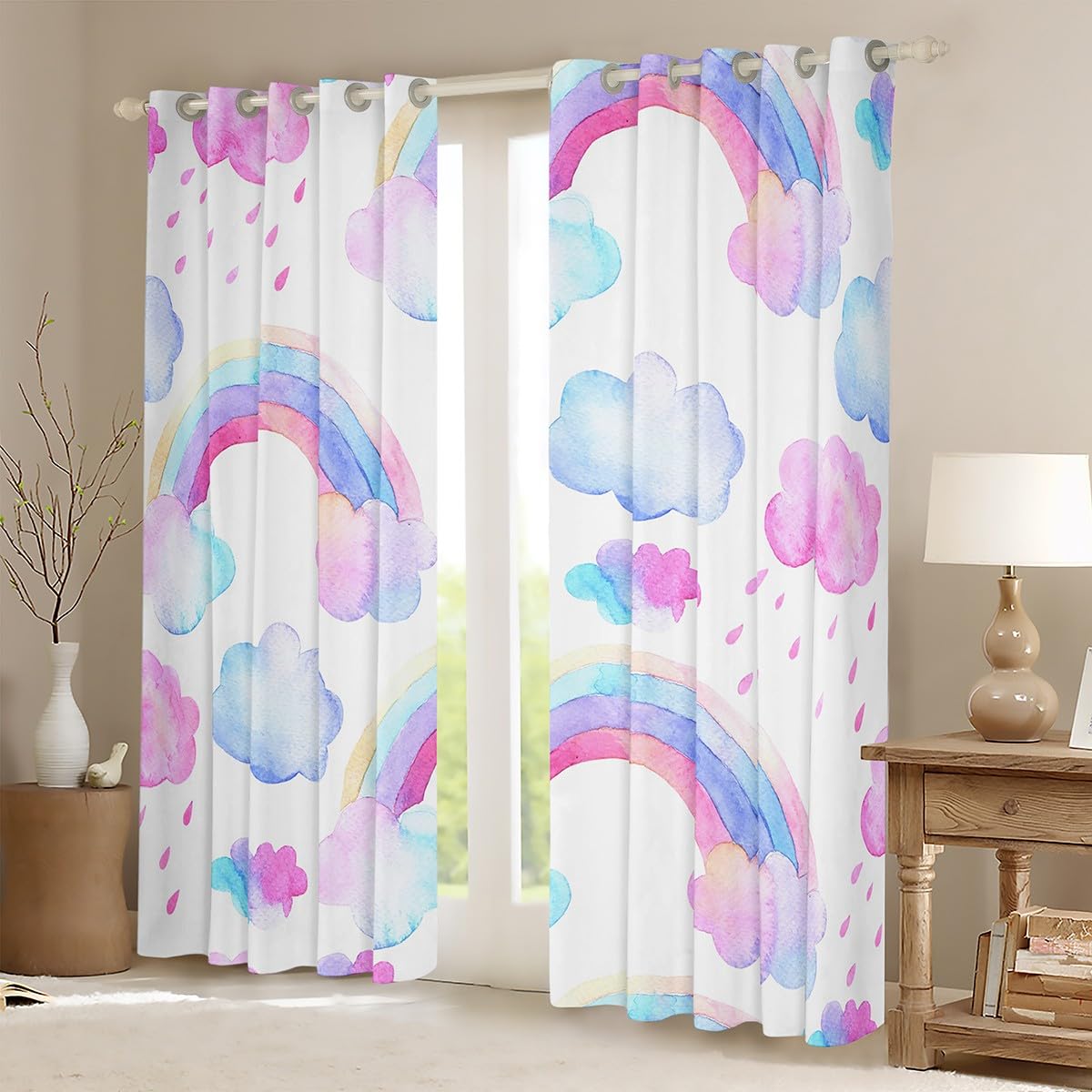 Manfei Rainbow Blackout Curtain Watercolor Rainbow Clouds Rain Window Treatments - Image 2