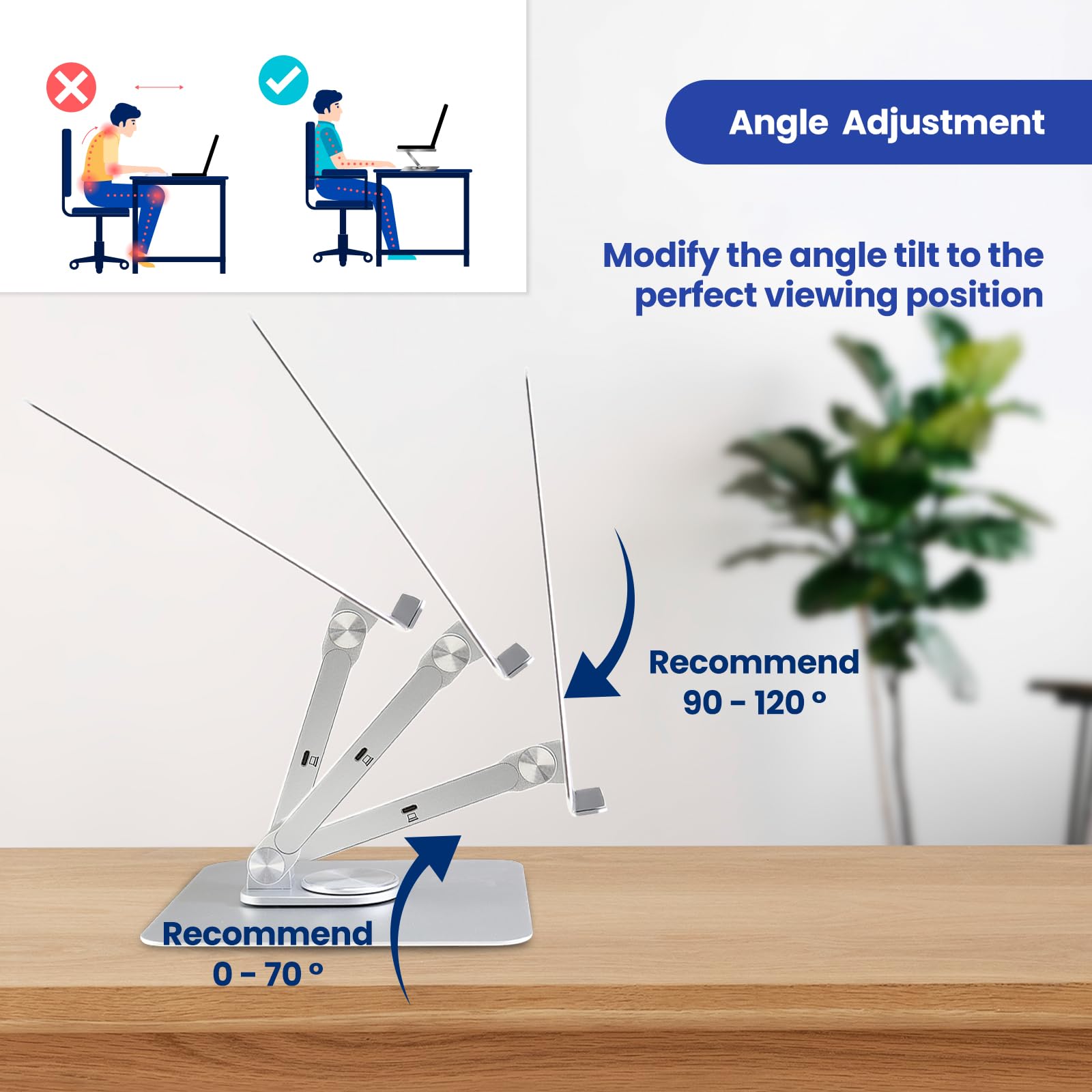 Ewent Supporto per Laptop da Scrivania in Lega di Alluminio, Supporto PC Docking Station 7 in 1 con cavo USB-C, Rialzo per Laptop Ergonomico Regolabile in Altezza con Rotazione 360°, Base Antiscivolo