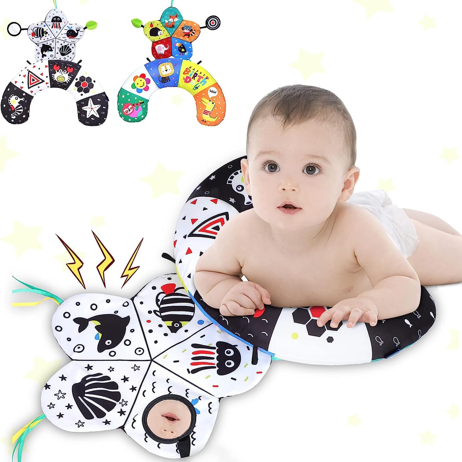Xspring Tummy Time Pillow, Black and White High Contrast Baby Toys with 3D Crinkle Mat and Teethers, Montessori Sensory Crawling Toy, Tummy Time Toys for 0 to 12 Months Infant Newborn Gifts (style 2)