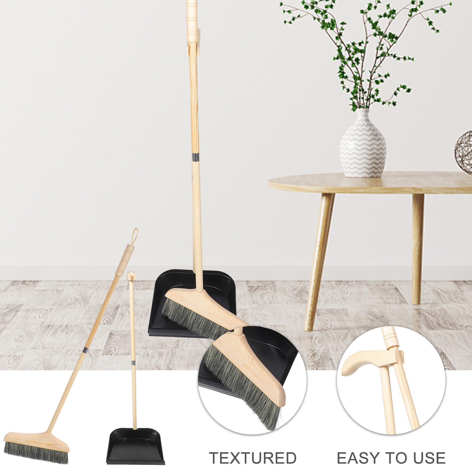 Escoba y Recogedor de Casa con Mango Ergonómico Cerdas de Pelo Negro para Limpieza de Suelos de Madera Baldosa y Herramientas Duraderas para Oficina y Hogar