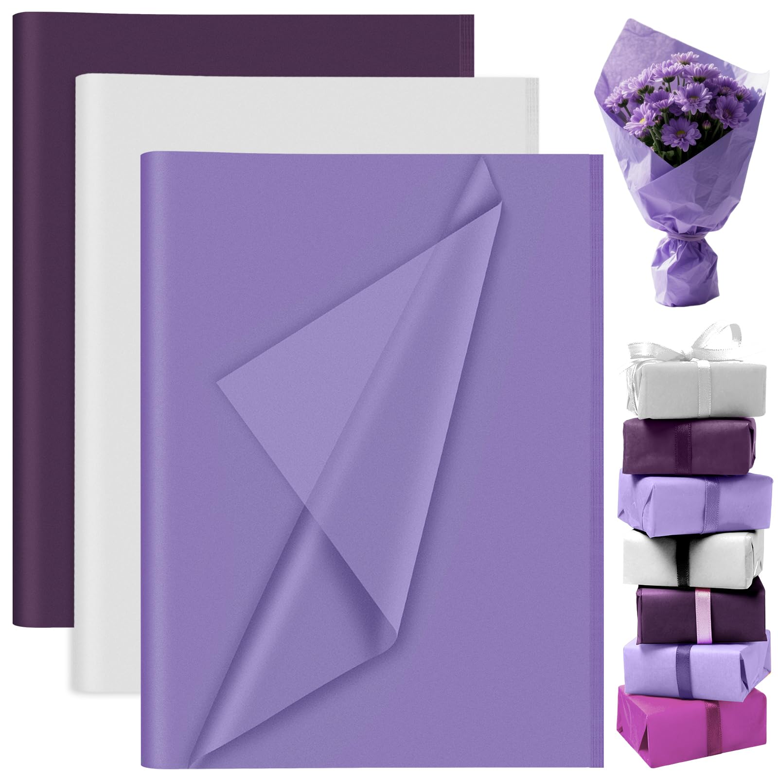 60 Sheets Purple White Tissue Paper Wrap Paper Bulk for Gift Bags, PLULON Gift Wrapping 35x50cm for Packaging Small Gift Bag Box Art Crafts Grad Birthday Wedding Mermaid Party Favor Decor