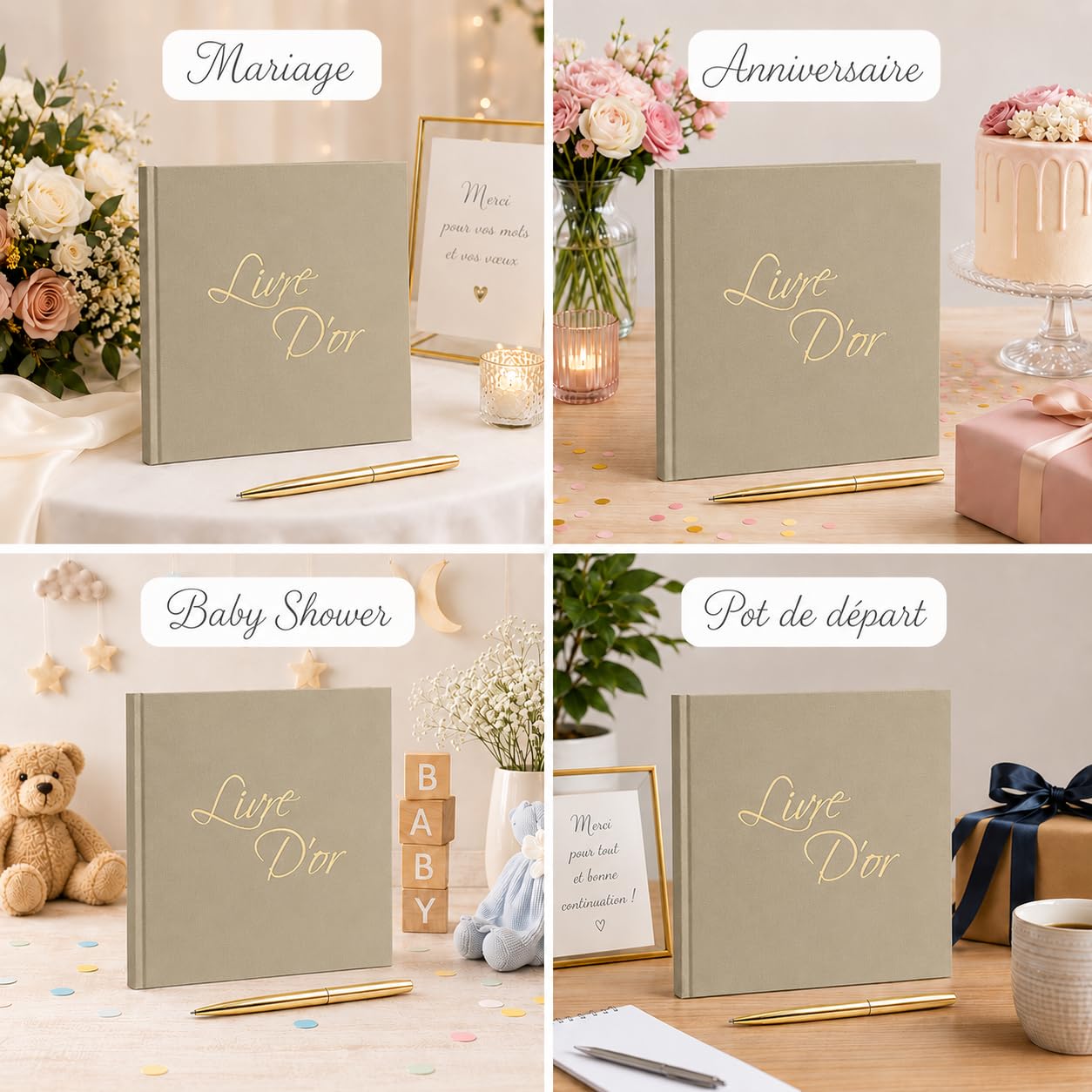 Livre d'Or Lin Beige 21x21 cm 100 Pages Blanches Stylo et Affiche Mariage Anniversaire Baptême