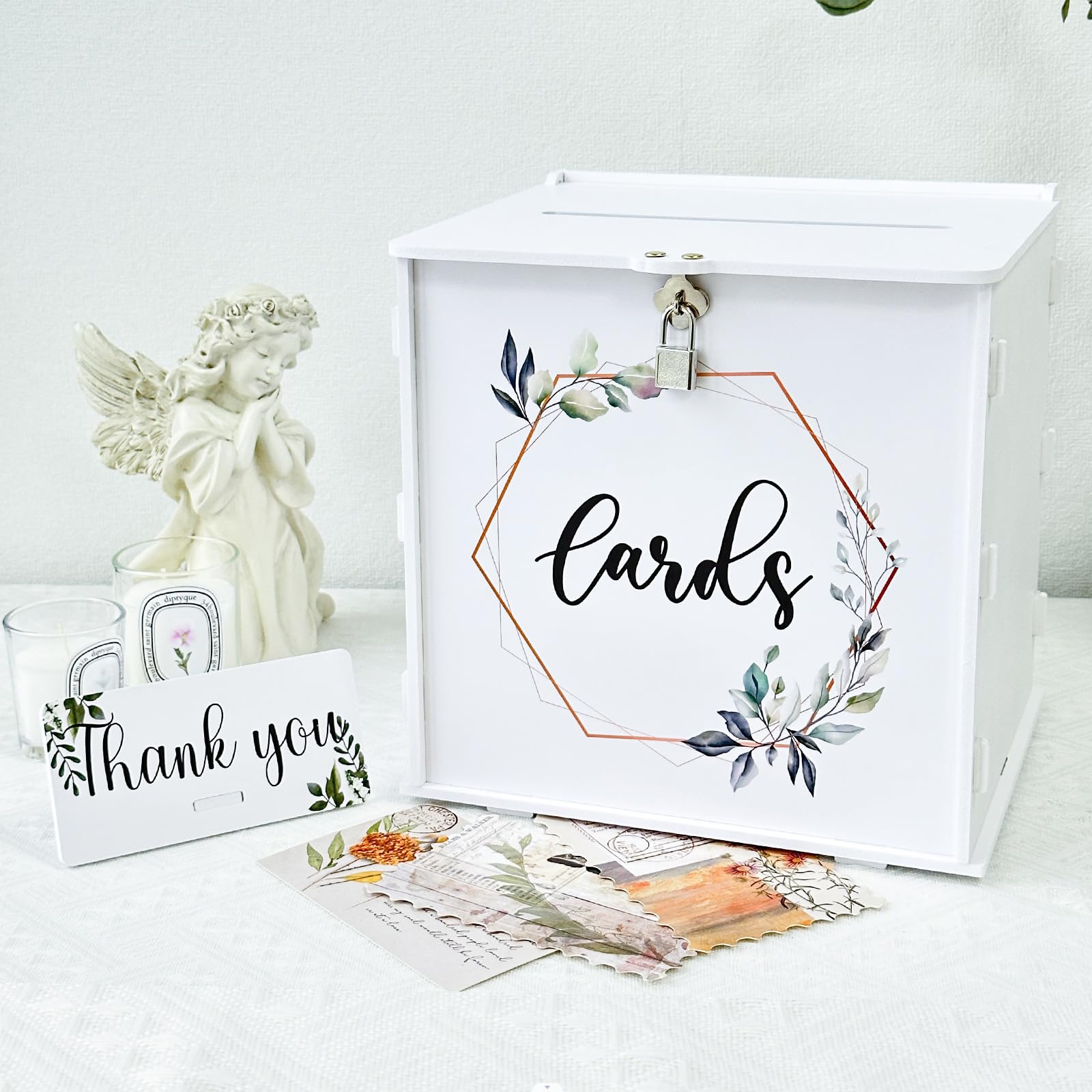 OurWarm White Wedding Card Box with Lock, PVC Gift Card Box for Wedding Reception, Eucalyptus DIY Wedding Envelope Money Card Box for Party Graduation Birthday Baby Shower Decorations