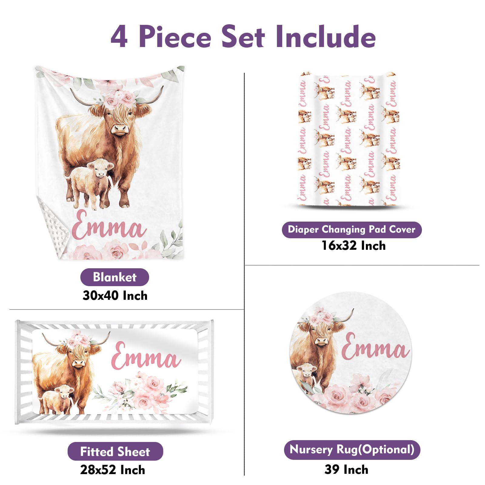 HSHRYY Personalized Name Crib Bedding Set for Infant Baby, Custom Nursery Decor Baby Blanket Fitted Crib Sheet Changing Pad Cover Room Rug 4 Pcs, Highland Cow Design