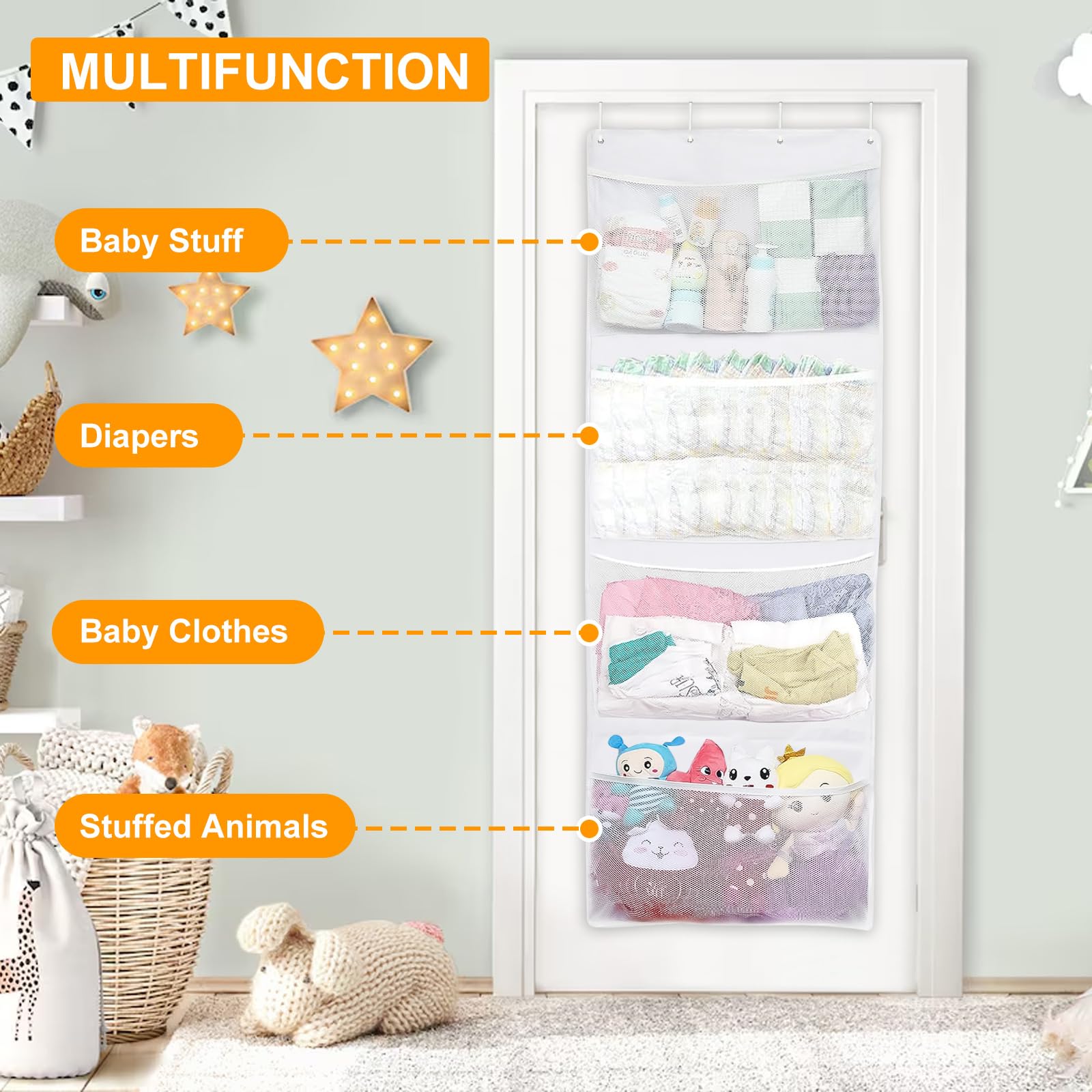 Yabound Stuffed Animal Storage, Over The Door Organizer with 4 Large Pockets for Closet Baby, Plush Toy - Image 3