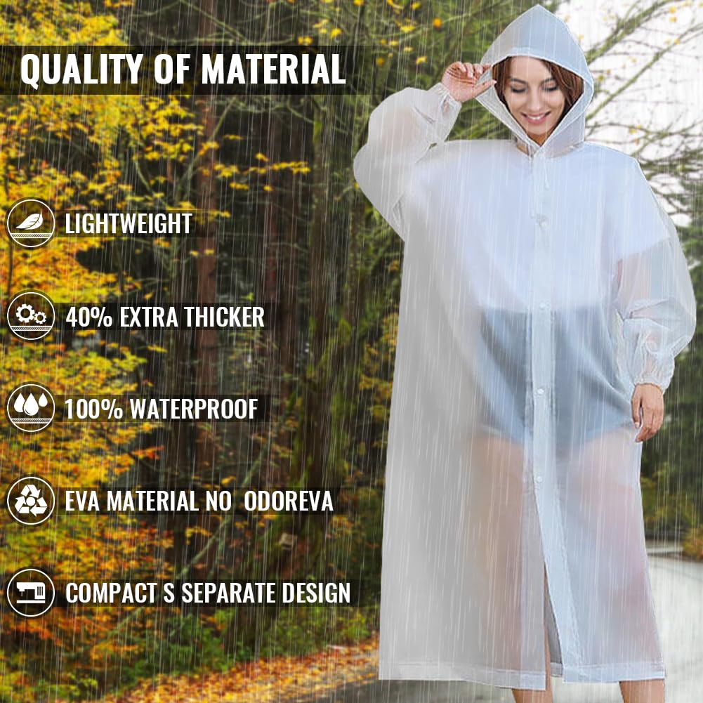 CHGANG Rain Ponchos, EVA Portable Adults Waterproof Ponchos, Reusable raincoat with Hoods for Camping, Hiking Travel, Amusement Parks, Festival, White, One Size