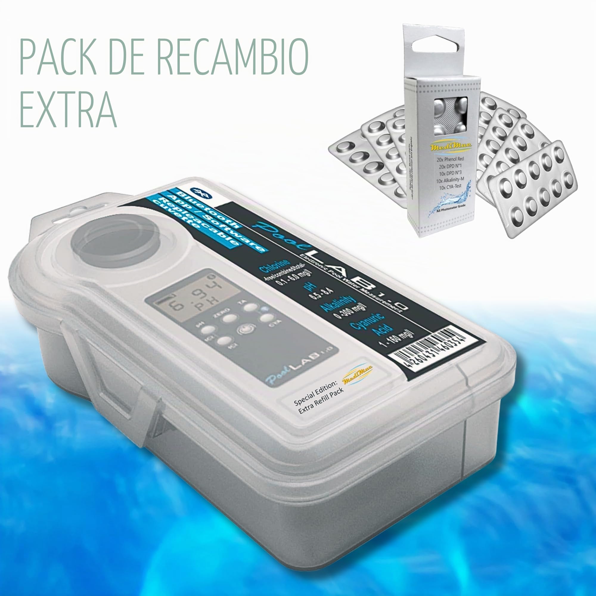 PoolLab 1.0 - Fotómetro 13 en 1 con 70 comprimidos, versión especial para MediMuc, con un paquete de comprimidos extra