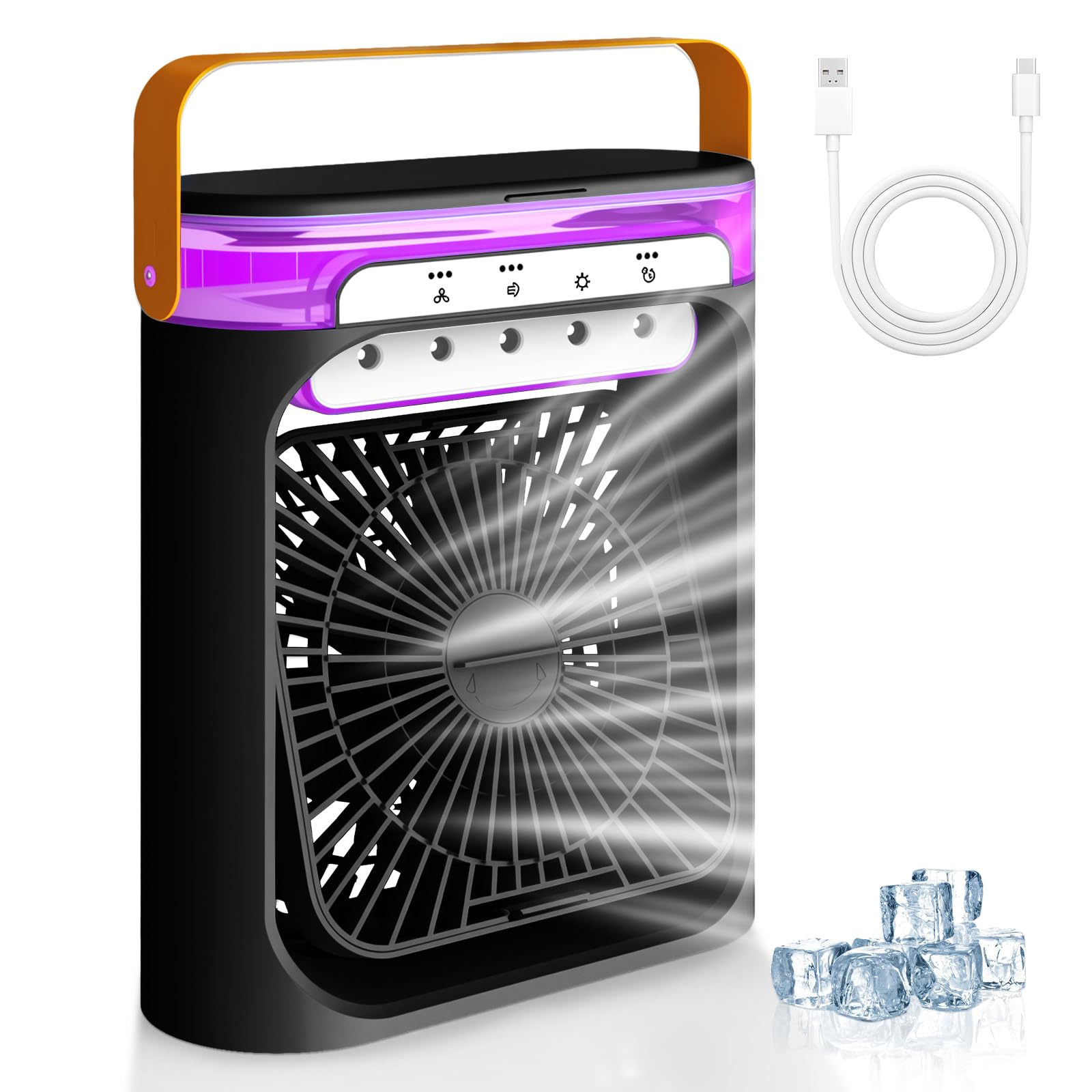 Mini Aire Acondicionado Portatil 4 en 1 Enfriador de Aire Pequeño con 600 ml Tanque, 3 Velocidades, 3 Nebulización, 2-6H Cronometrado, 6 LED Ventilador Refrigerador para Dormitorio Oficina