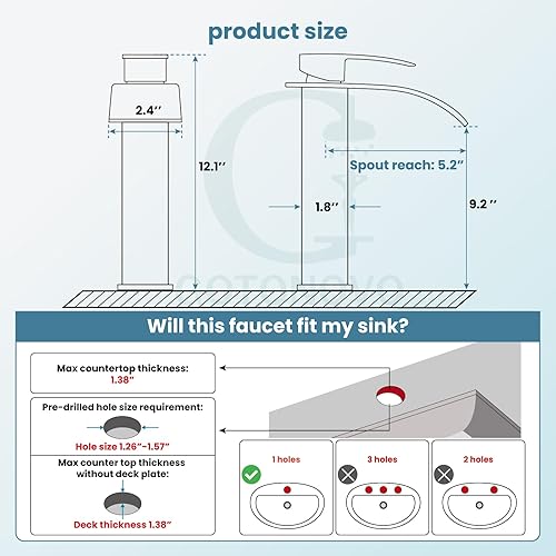Miniatura 3 de gotonovo Grifo de Cascada Alto para Baño de Una Sola Manija, Grifos de Baño para Lavabo de 1 Agujero, Grifo de Lavabo de Acero Inoxidable Moderno,
