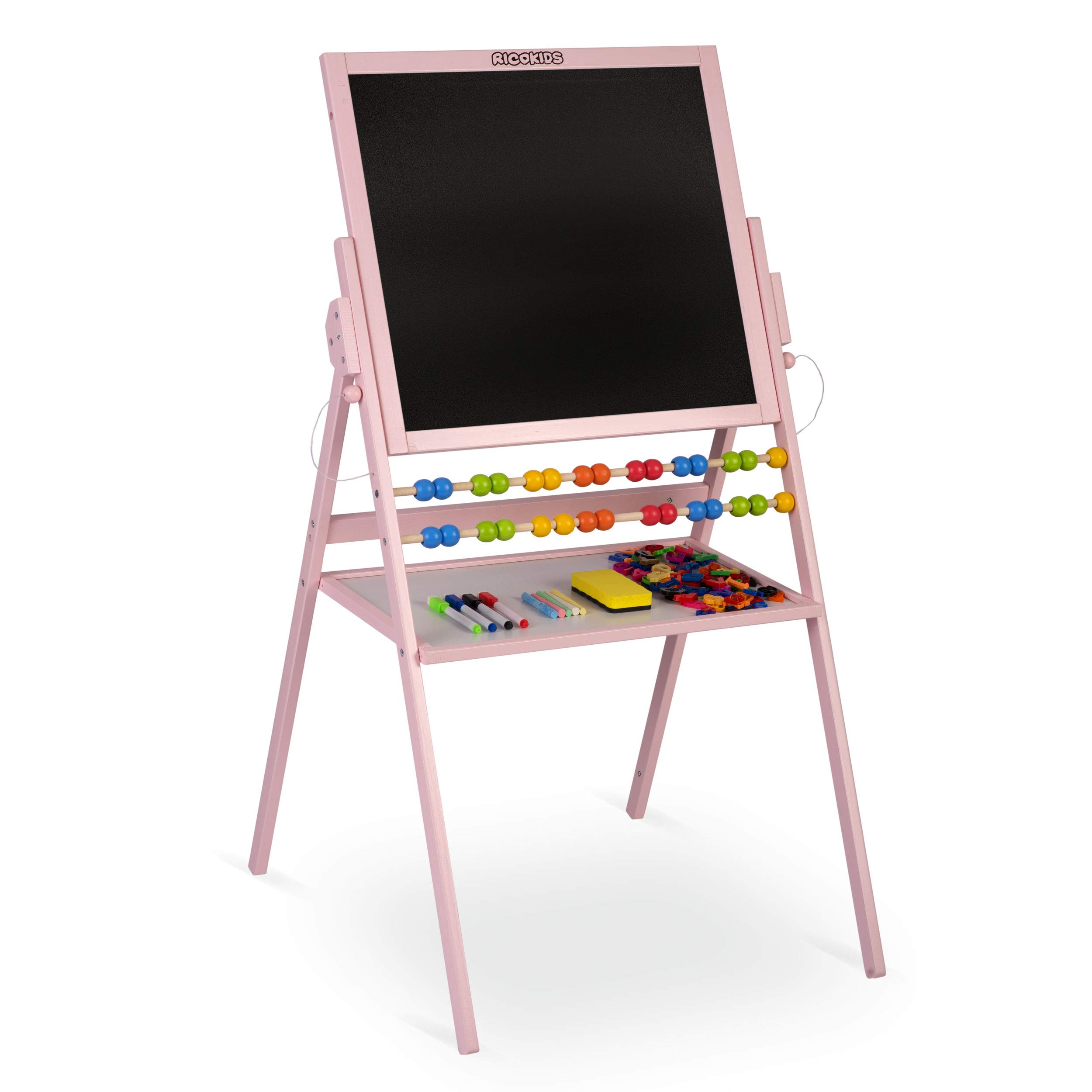 Spiel-Tafel für Kinder magnetisches Whiteboard und Kreidetafel Maltafel Kindertafel Staffelei aus Holz Ricokids (Rosa)