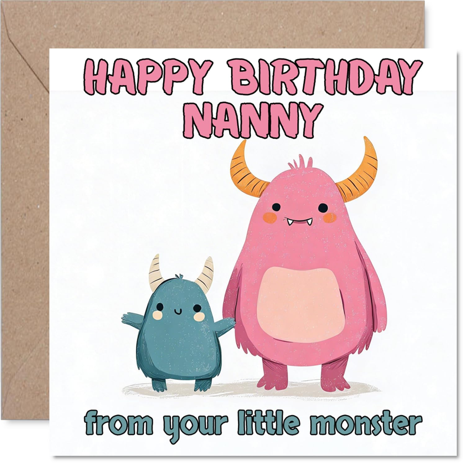Playful Birthday Card for Nanny - from Your Little Monster - Cute Cartoon Monsters in Pink and Blue - A Cheeky Way to Make Nanny Smile - 145mm Square, Envelope Included