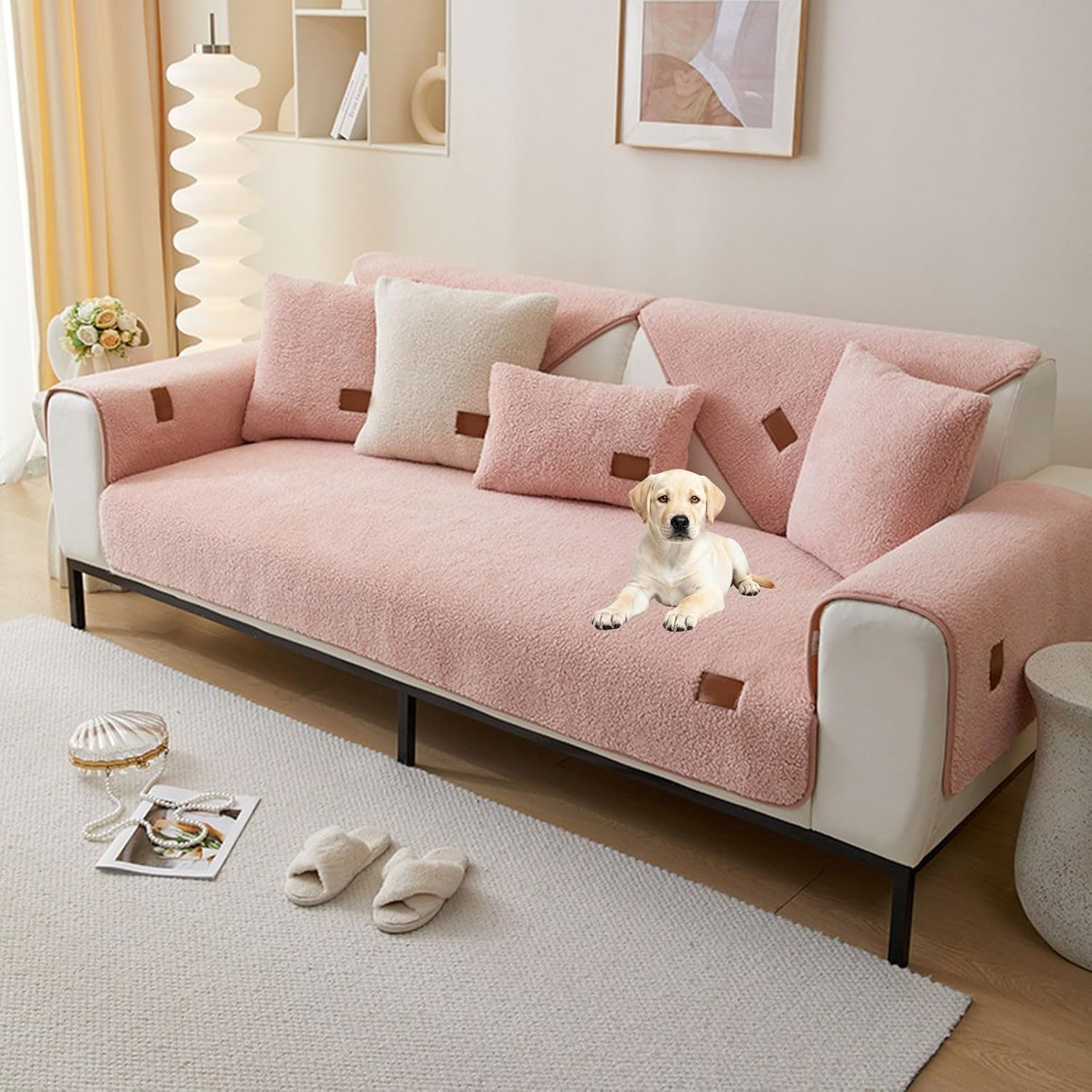 Fuzzy Couch Covers Sherpa Fleece Sofa Cover 1 2 3 4 Seater Recliner I/u Shape Slipcovers Corner Sofa Cushion Covers Thick Plush for Living Room(Pink,110 * 240)