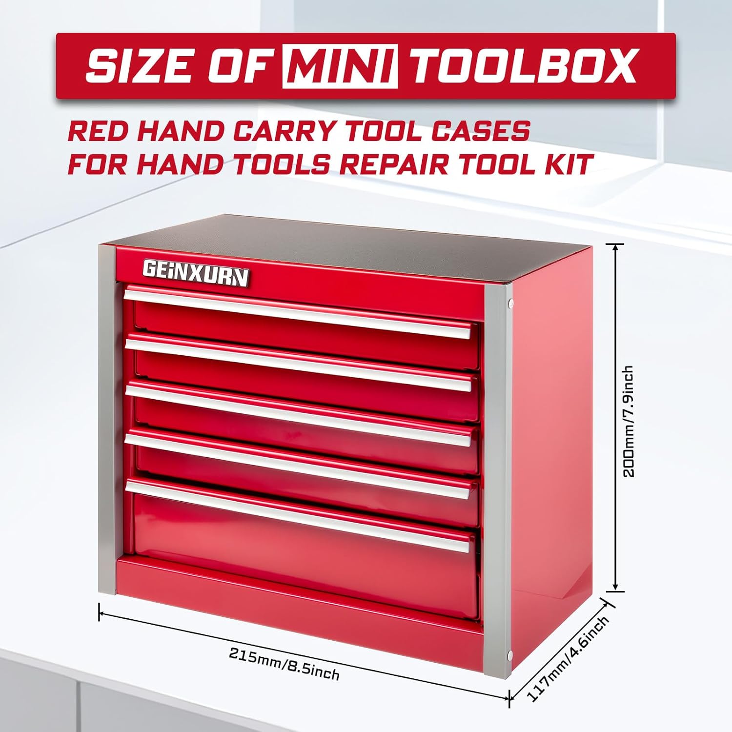 Mini Red Tool Box, 5 Drawer Micro Roll Cab Steel Stackable Portable Tool Cases with Magnetic Tab Locking and Liner for Tools Storage and Organizers