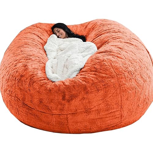 Giant Fur Bean Bag Chair Cover for Kids Adults, (No Filler) Living Room Furniture Big Round Soft Fluffy Faux Fur Beanbag Lazy Sofa Bed Cover (Orange, 5FT)