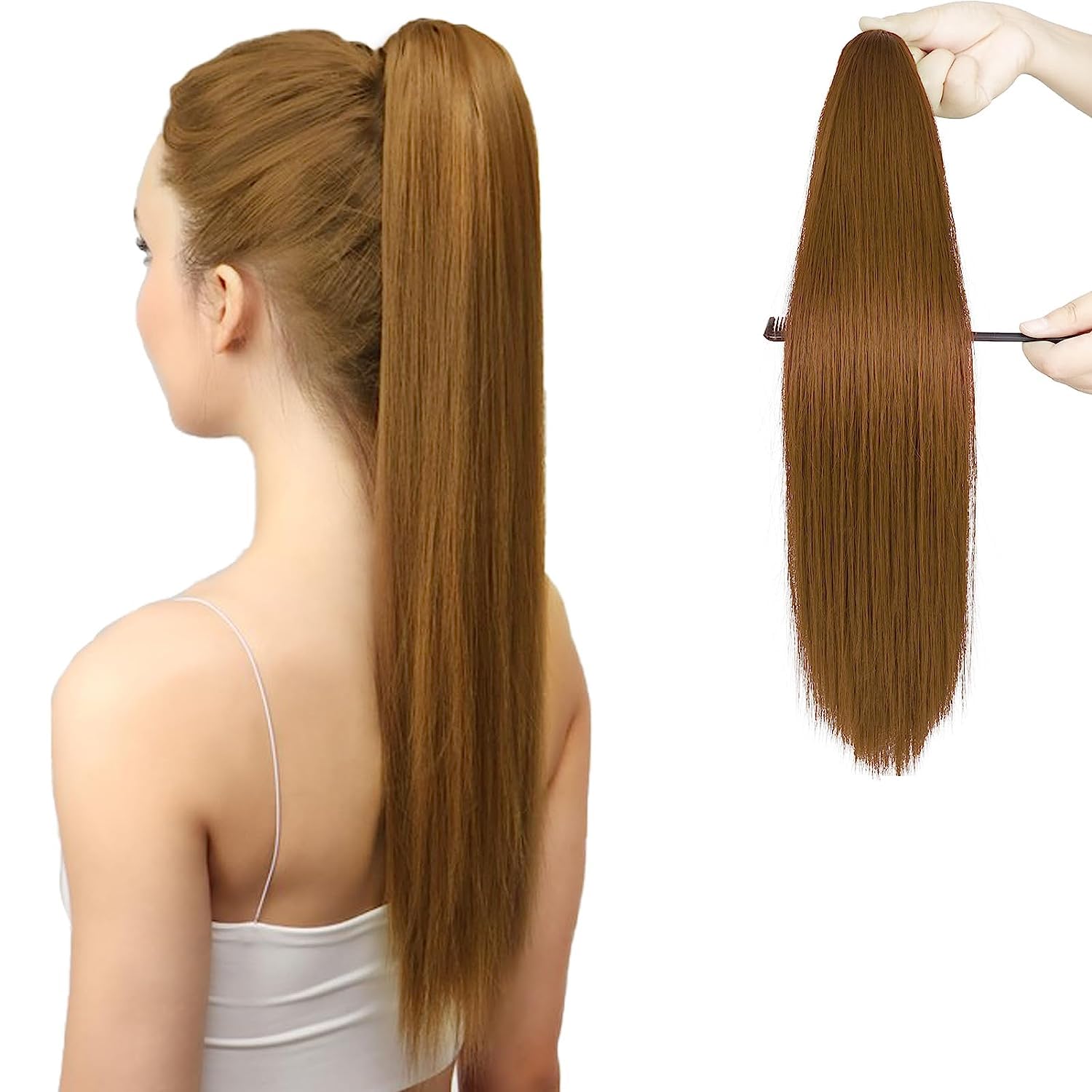Straight Ponytail Extensions Claw Clip,22 Inch Natural Long Straight Ponytails Highlights Ponytail with Clamp Synthetic Hairpiece Ponytails Clip Hair Accessories for Women/Girls-Dark Brown