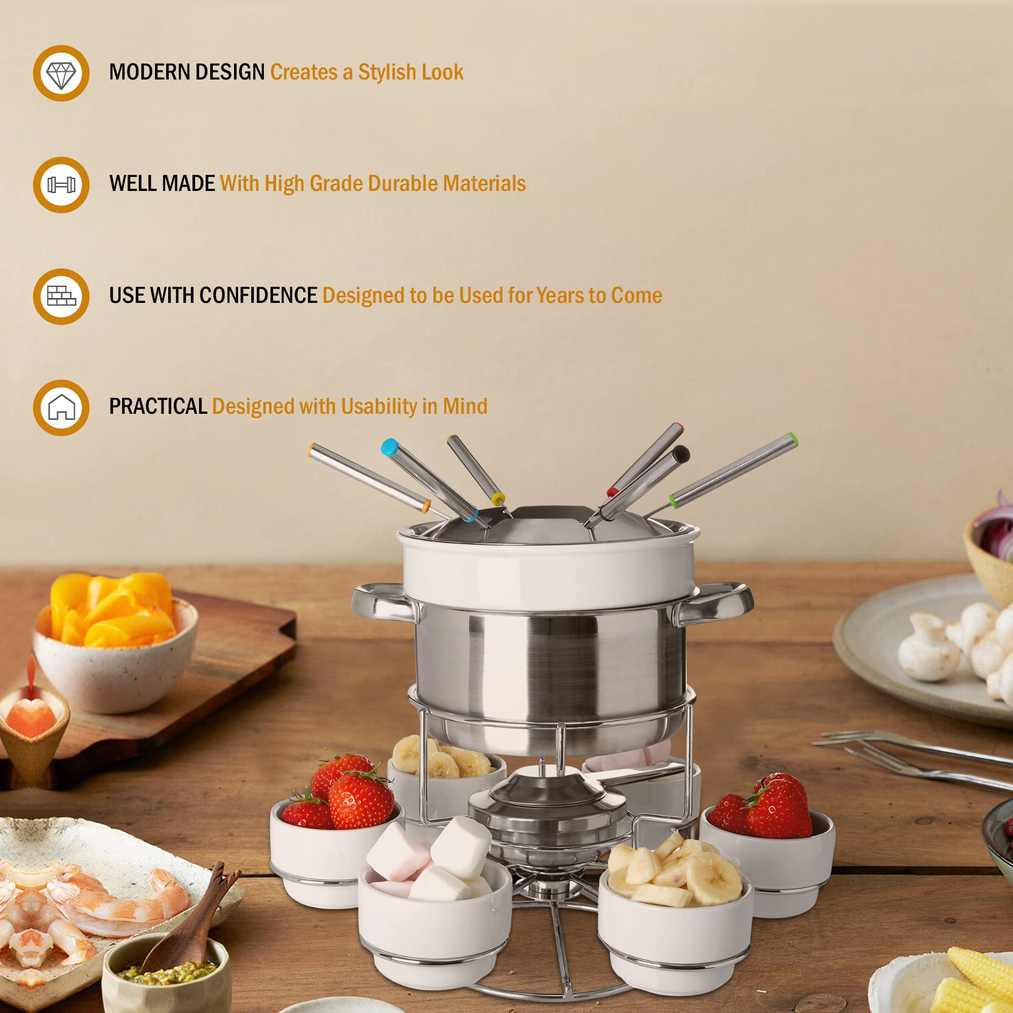 Service à Fondue en Acier Inoxydable et Porcelaine, Blanc- 6 Personnes