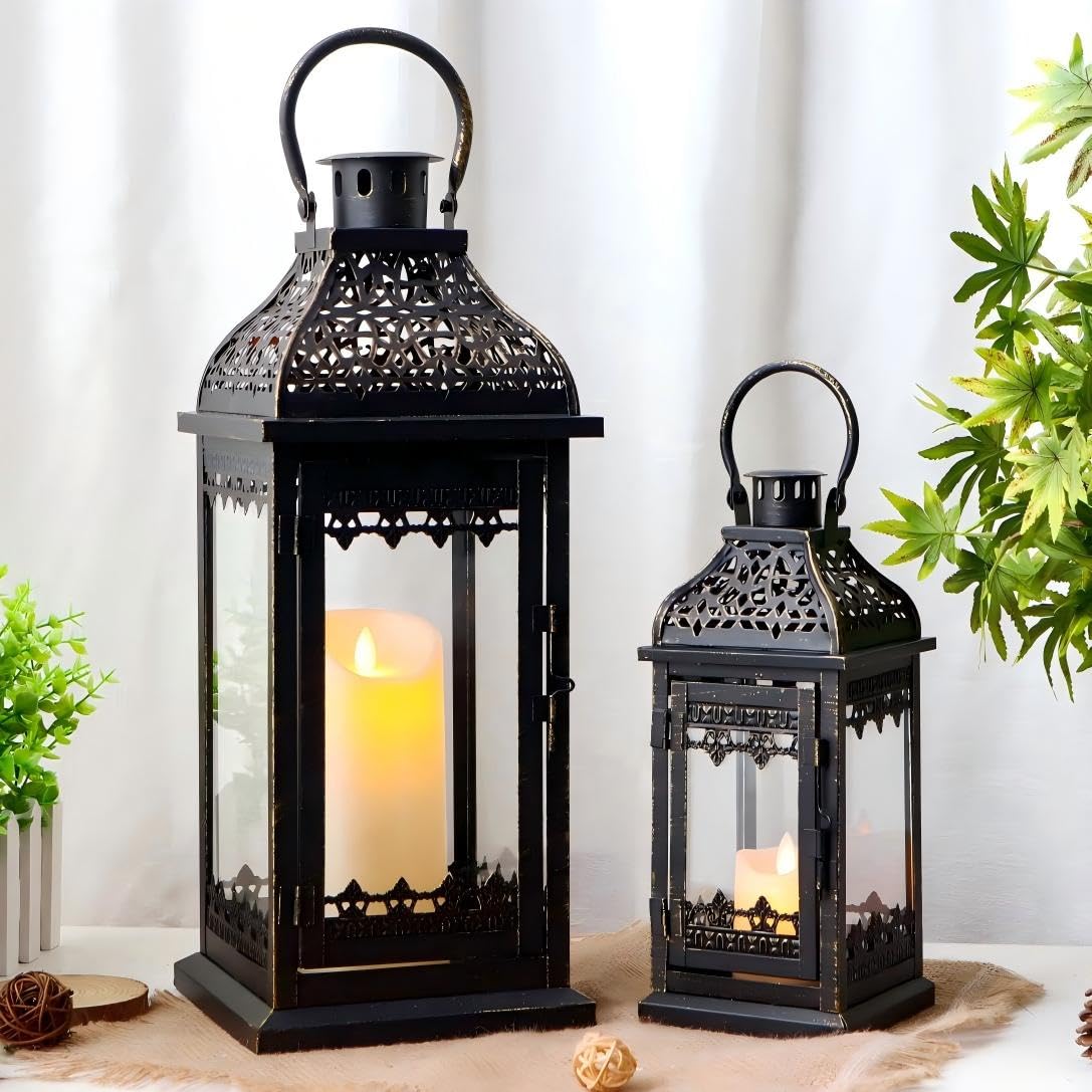 JHY DESIGN Set of 2 33 cm & 50 cm H Decorative Candle Lanterns Vintage Hanging Lantern Metal Candle Holder for Garden Living Room Indoor Outdoor Parties Weddings Balcony(Black with Gold Brush)