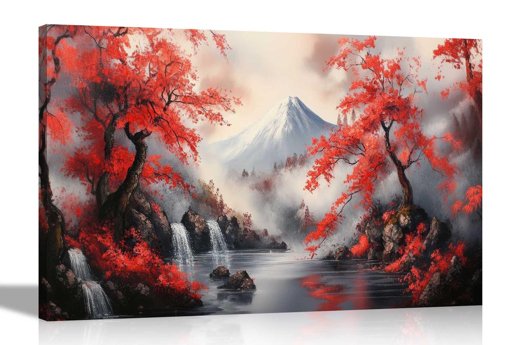 Artley Prints Japanese Mountain Landscape - Japanese Style Autumn Mountain Landscape Canvas Wall Art Pictures For Living Room Conservatory Hallway Décor 60 X 40Cm (24 X 16 Inches) A2