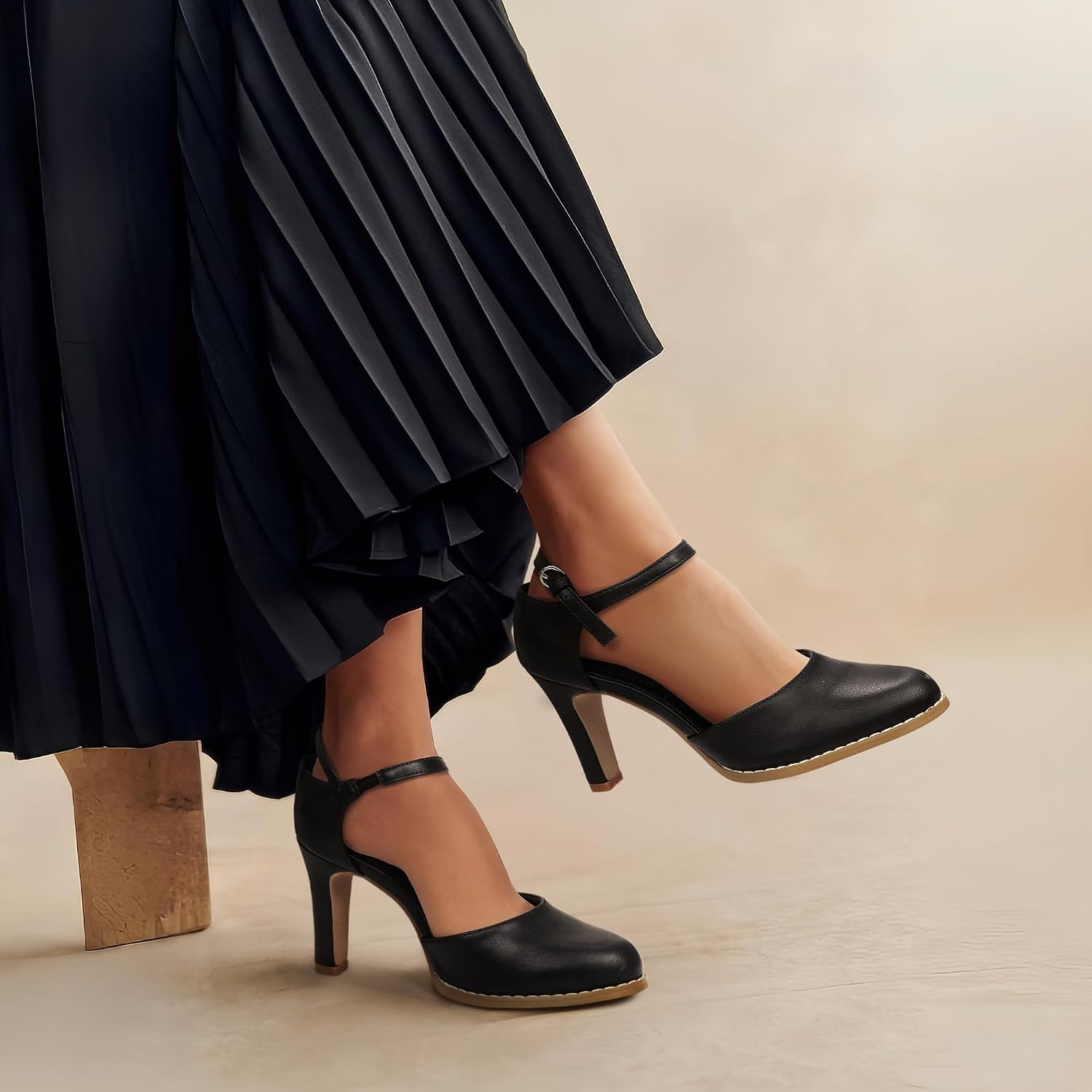 Womens Chunky High Heels Closed Toe Ankle Strap Pumps Vintage Shoes