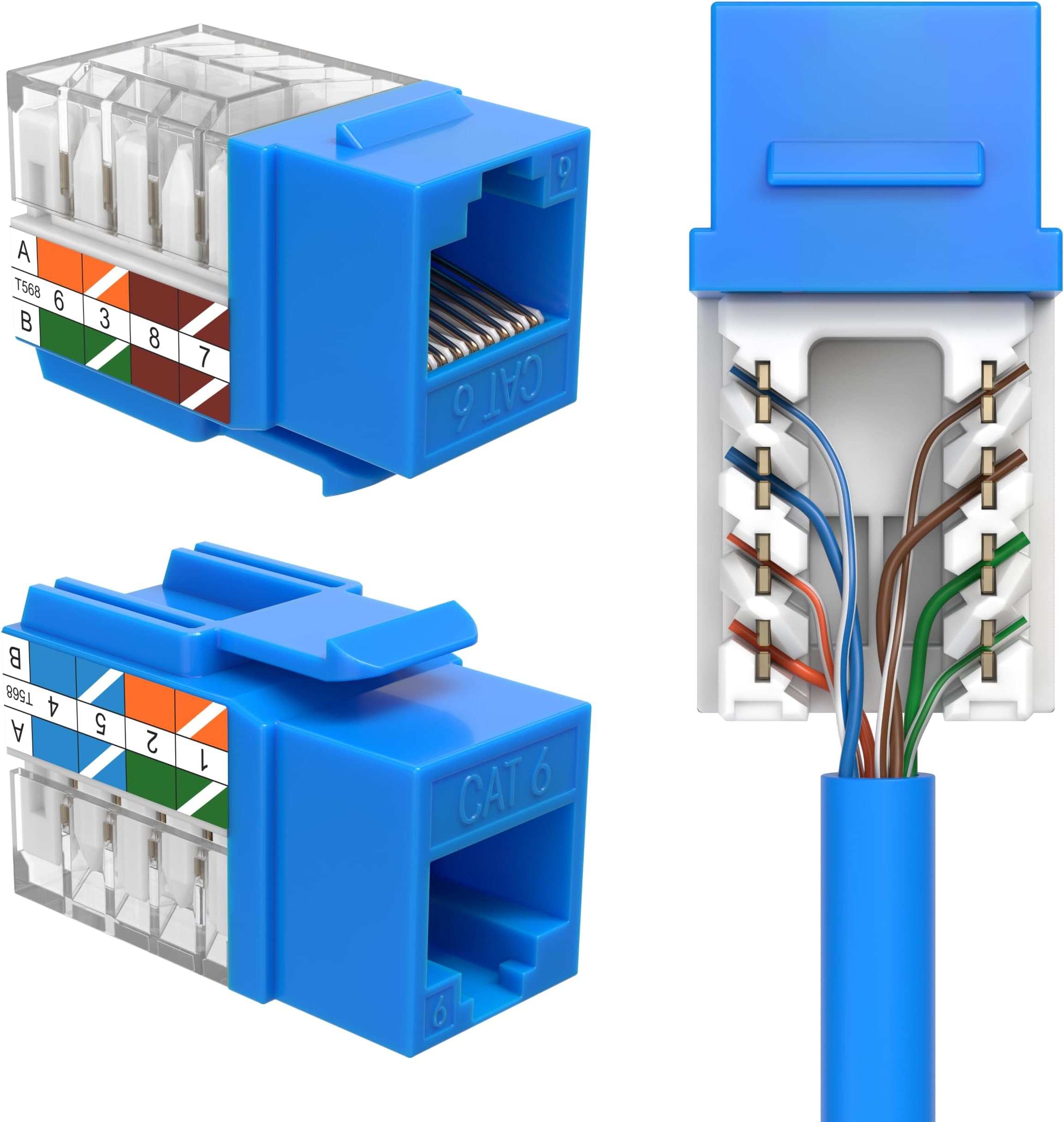 SATMAXIMUM 10 Pack Cat6 Keystone Ethernet Wall Jacks RJ45 Punch Down Slim Profile UTP Blue, 45 Degree for Patch Panel & Wall Plate, Supports Up to 10Gbps