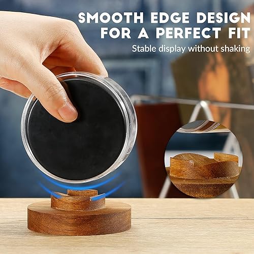 Miniatura 3 de JupDec Estuche de exhibición de discos de hockey acrílico transparente con base de madera, soporte de exhibición de recuerdo de autógrafo,