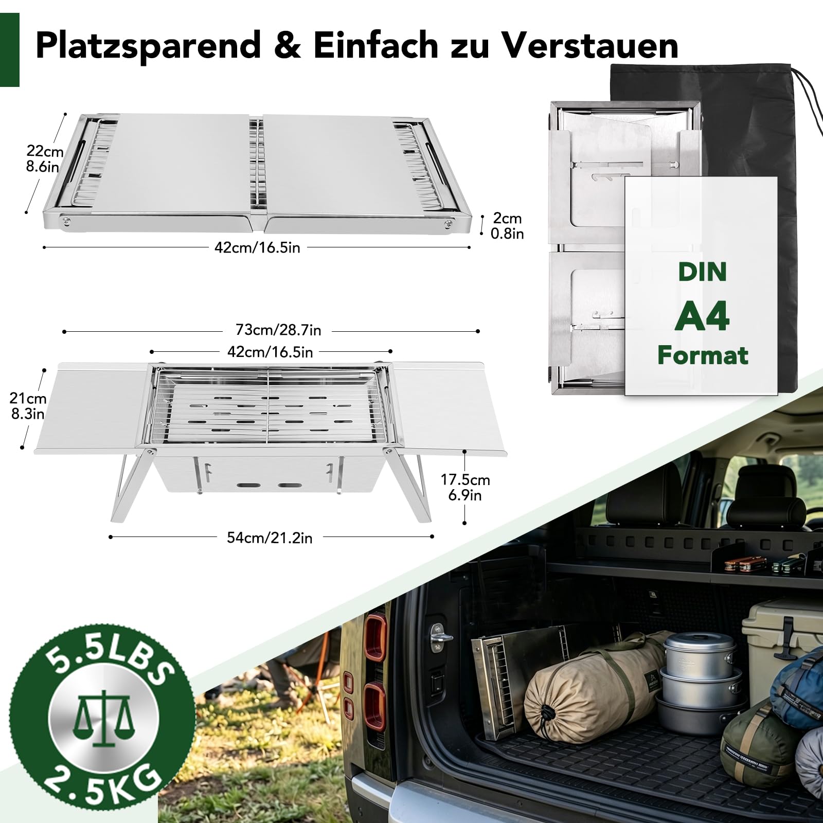 E EASTSTORM Camping Grill, Klappgrill Holzkohlegrill mit 3-stufiger Hitzeverstellung, Mini Tischgrill für 3-4 Personen, Ideal für Garten, Balkon, Strand & Reise, leicht zu Reinigen, 54x21x17.5cm