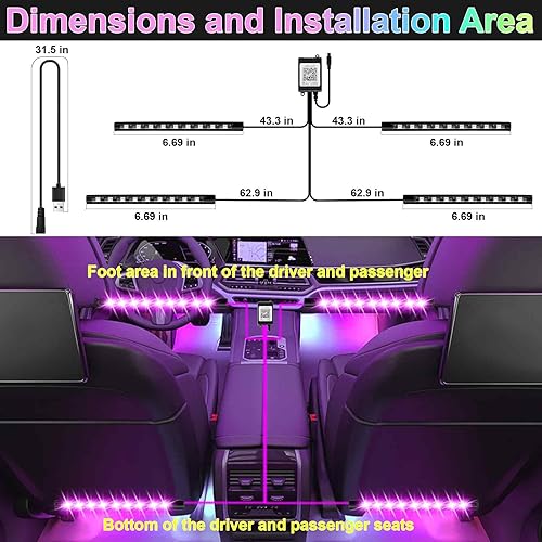 Miniatura 3 de Luces interiores de automóvil, tira de luces LED de 5 V con adaptador USB, kit de iluminación ambiental para automóvil, aplicación y control remoto,
