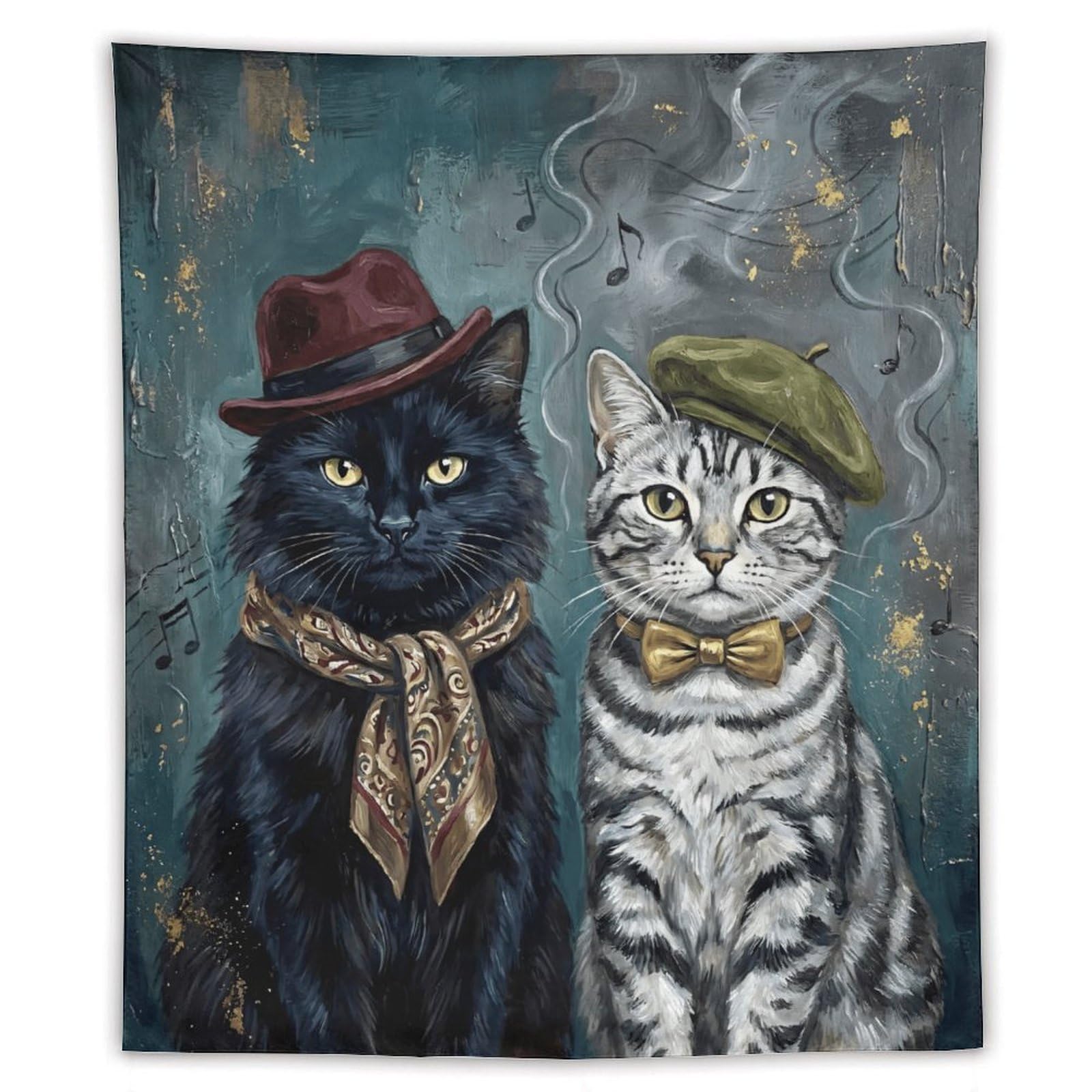 H3B8U2Y5 Vintage Dapper Cat Pair Wall Tapestry, Realistic Illustration