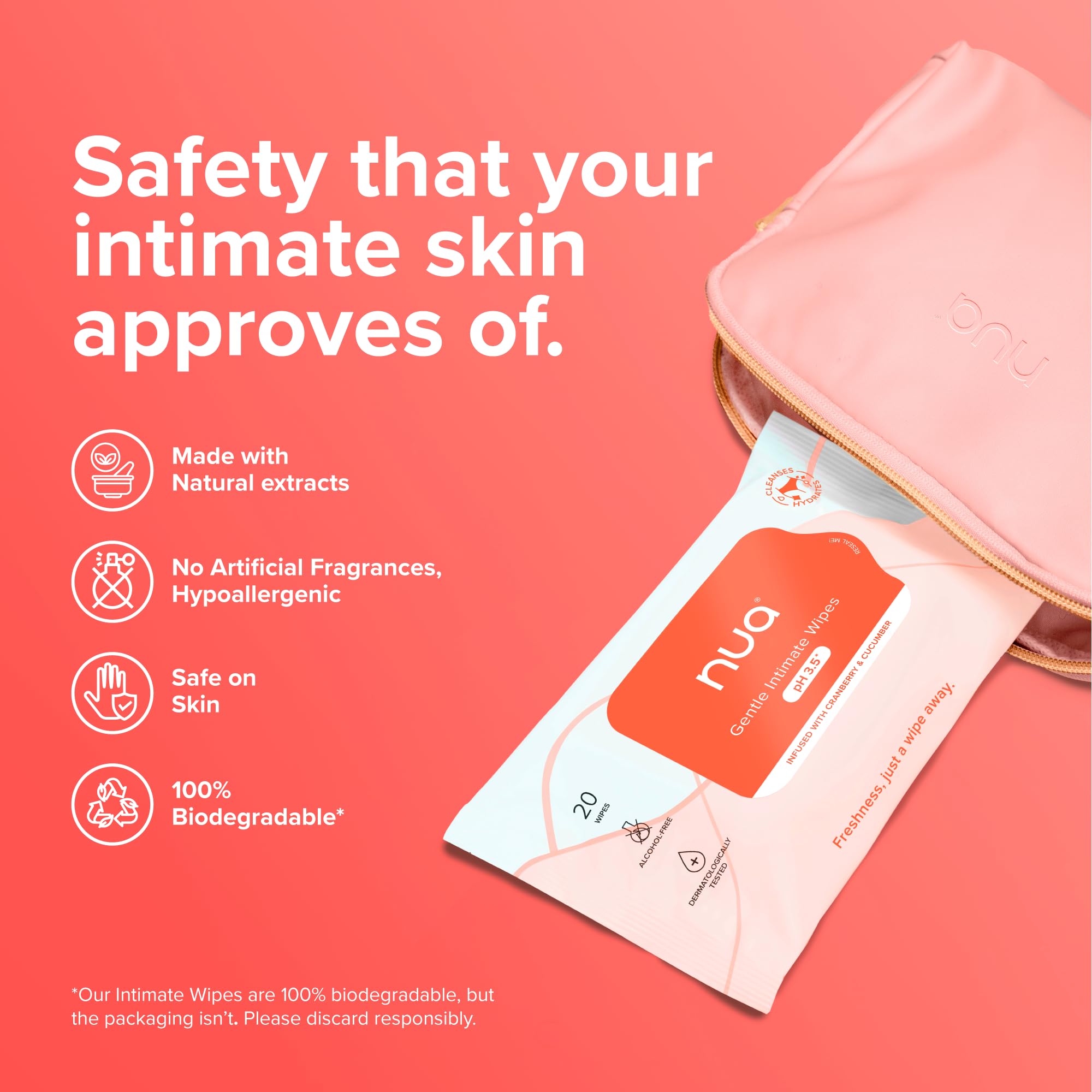 Nua Gentle Intimate Wipes | Infused with Cranberry, Cucumber and Aloe | Alcohol and Artificial-Fragrance Free | 100% Biodegradable 4