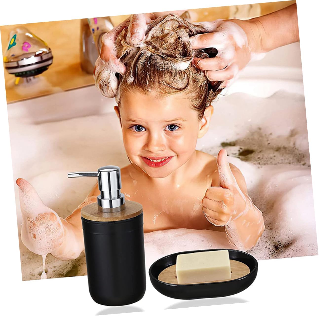 6-Piece Bamboo Bathroom Accessory Set Trash Can Toothbrush Holder Soap Dispenser and Lotion Bottle Bathroom Necessities