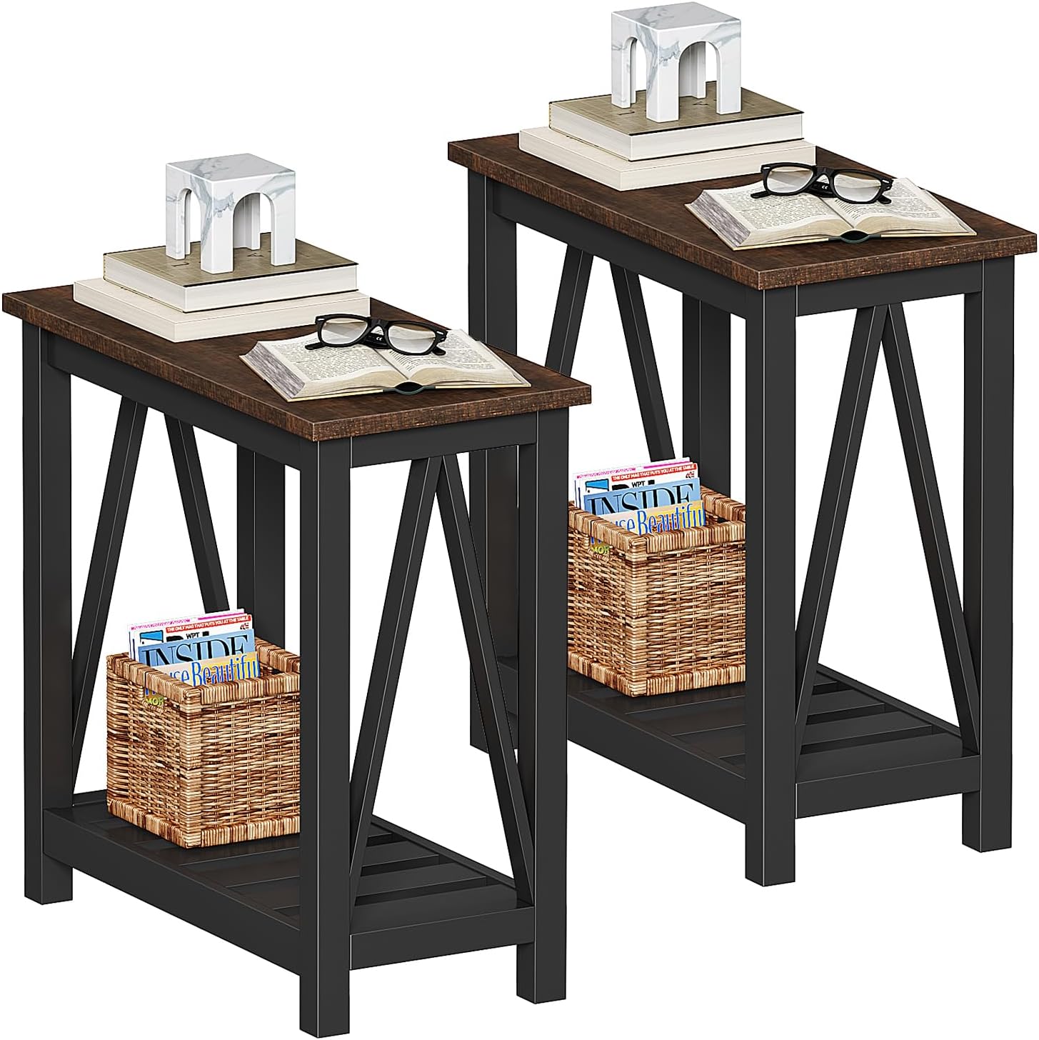 ChooChoo Farmhouse End Table, Rustic Vintage Narrow End Side Table with Storage Shelf for Small Spaces, Nightstand Sofa Table for Living Room, Bedroom Black 2 Pack