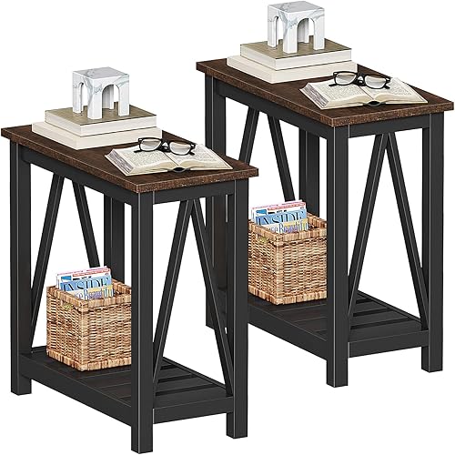 Miniatura 13 de ChooChoo Mesa auxiliar de granja, mesa auxiliar rústica vintage estrecha con estante de almacenamiento para espacios pequeños, mesita de noche para