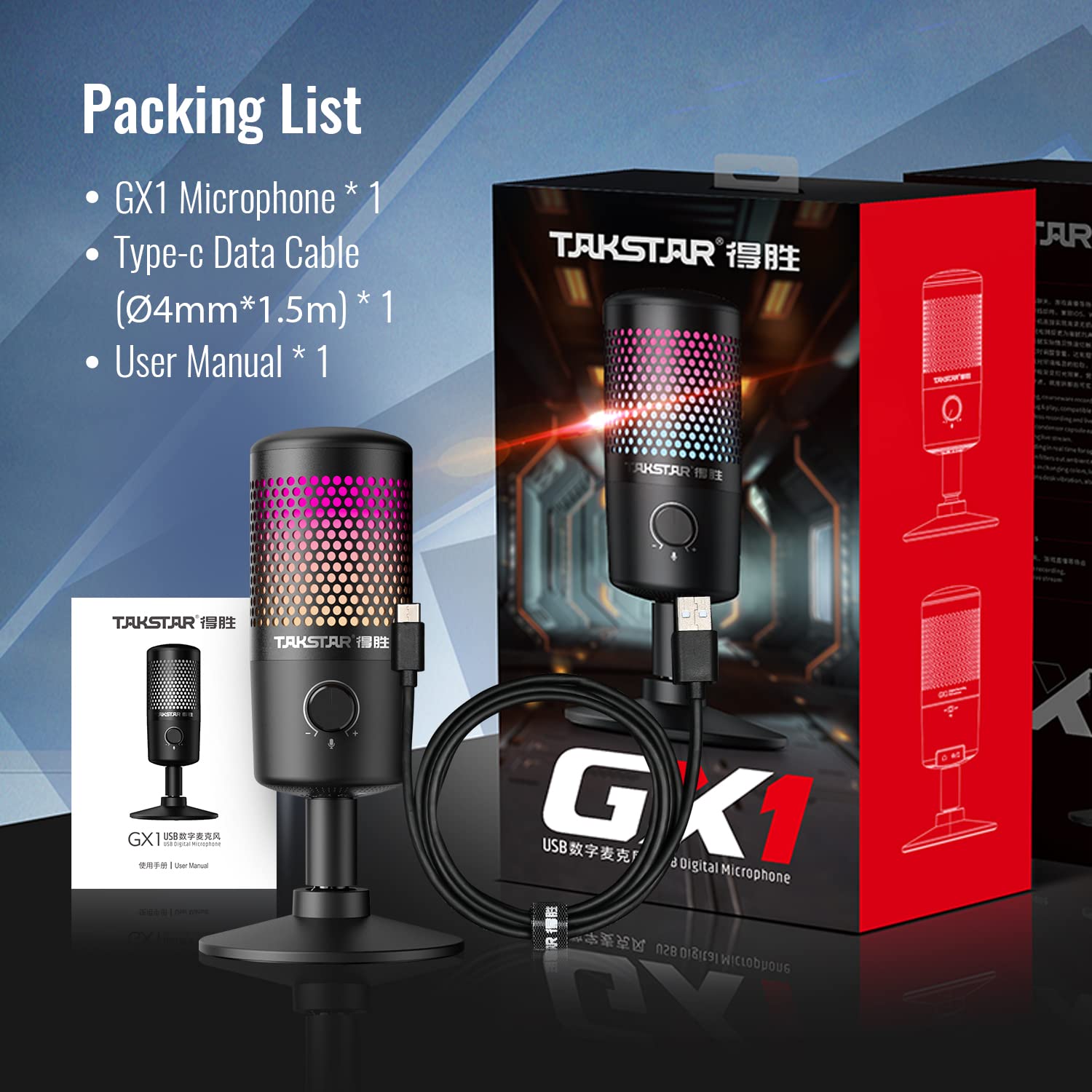 TAKSTAR Microfono USB RGB per computer, microfono per monitoraggio in tempo reale, con cancellazione del rumore, microfono a condensatore con pulsante mute, per streaming di registrazione, giochi,