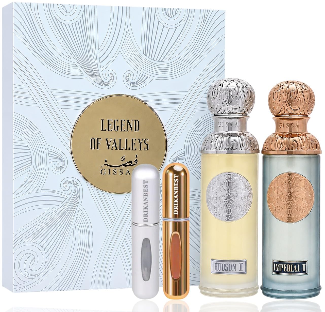 Gissa Legend of Valleys Hudson II + Imperial II, Pack 2 Perfumes Árabes Unisex 90 ml, Eau de Parfum, Larga Duración, Oud, Cuero y Ámbar, Incluye 2 Atomizadores Drikanbest 5 ml