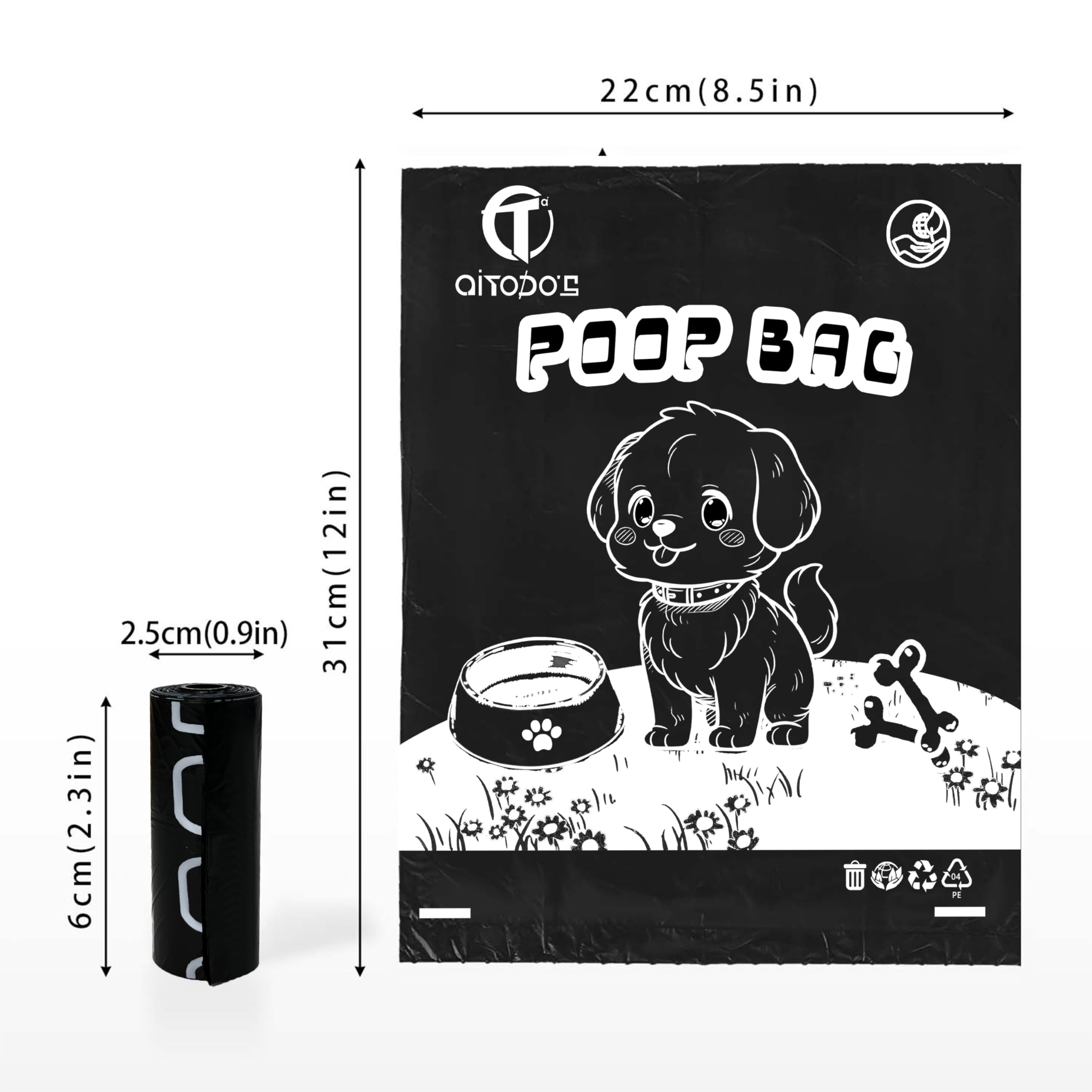AiTodos® 600PCS Bolsas Caca Perro, Negro - Bolsas Excrementos Perros - Adecuado Salir de Casa, 31 * 22CM, Polietileno-Material, Portátil (40 Rollos, 15 por Rollo) -Poop Bags