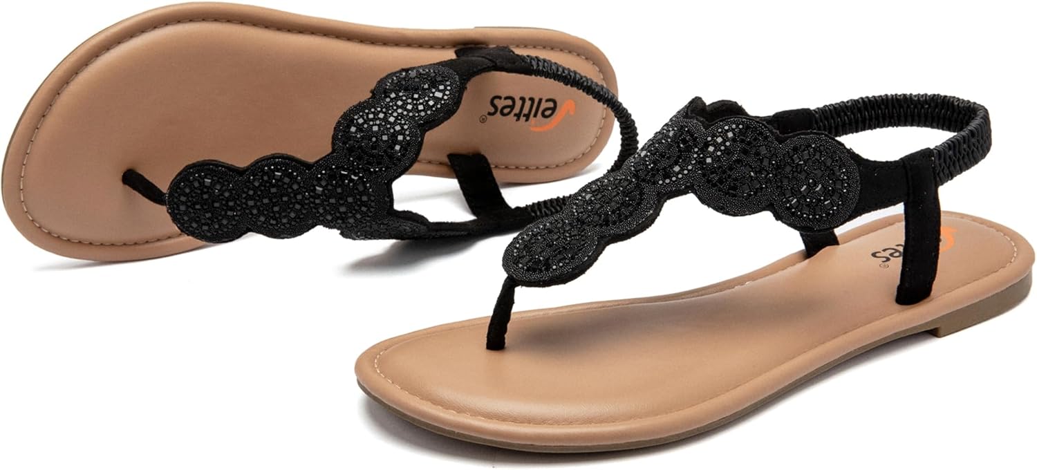 Veittes Women's Bohemian Bling Flat Slide Sandals - Casual Summer Thong Sandals with Rhinestone Decor, Rubber Sole, Lightweight & Comfortable Ankle StrapThong Summer Sandals. - Image 4